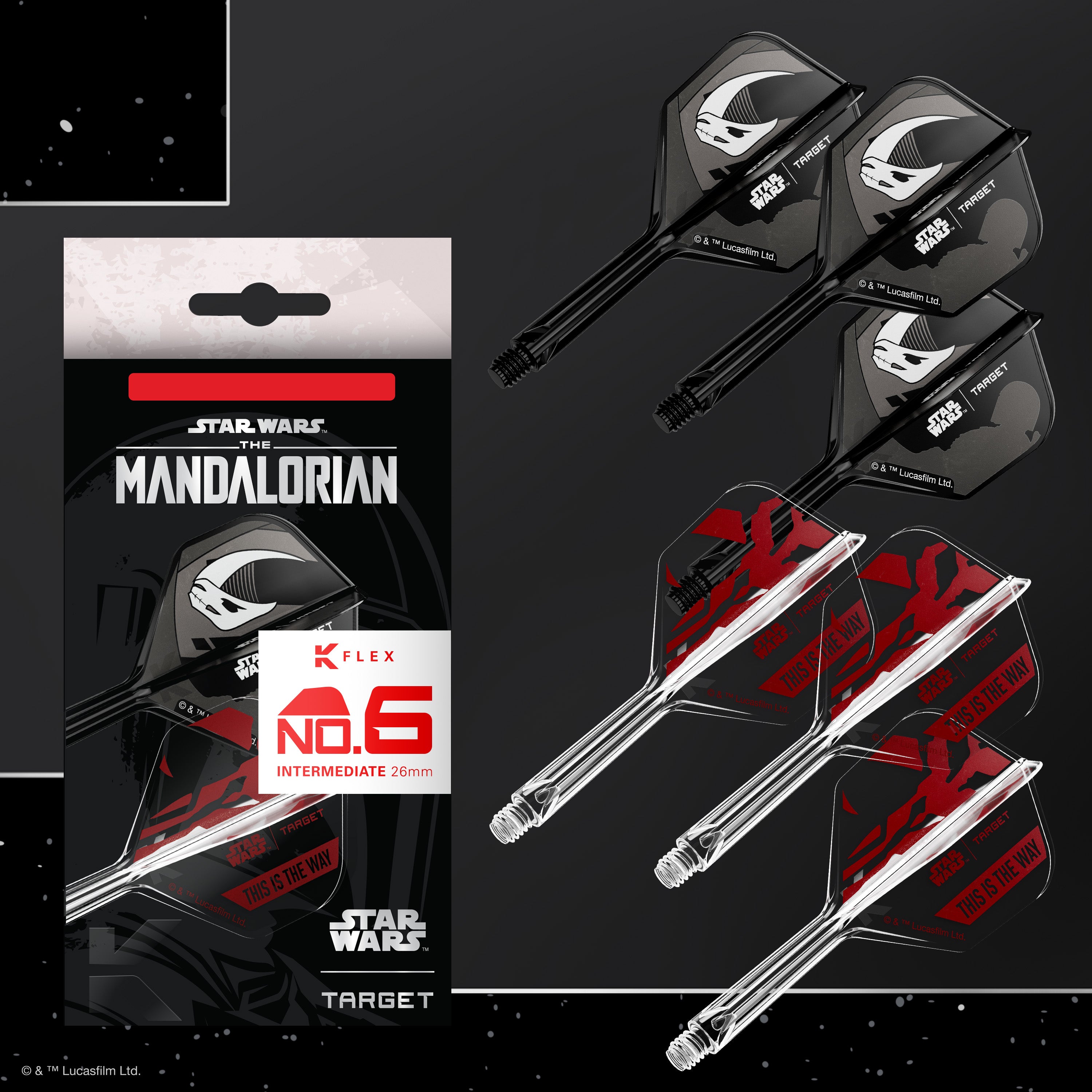 Target Darts Star Wars - Mandalorian K-Flex Dart Flights & Shafts - No6 Shape - Gift Set - 2 Sets Included