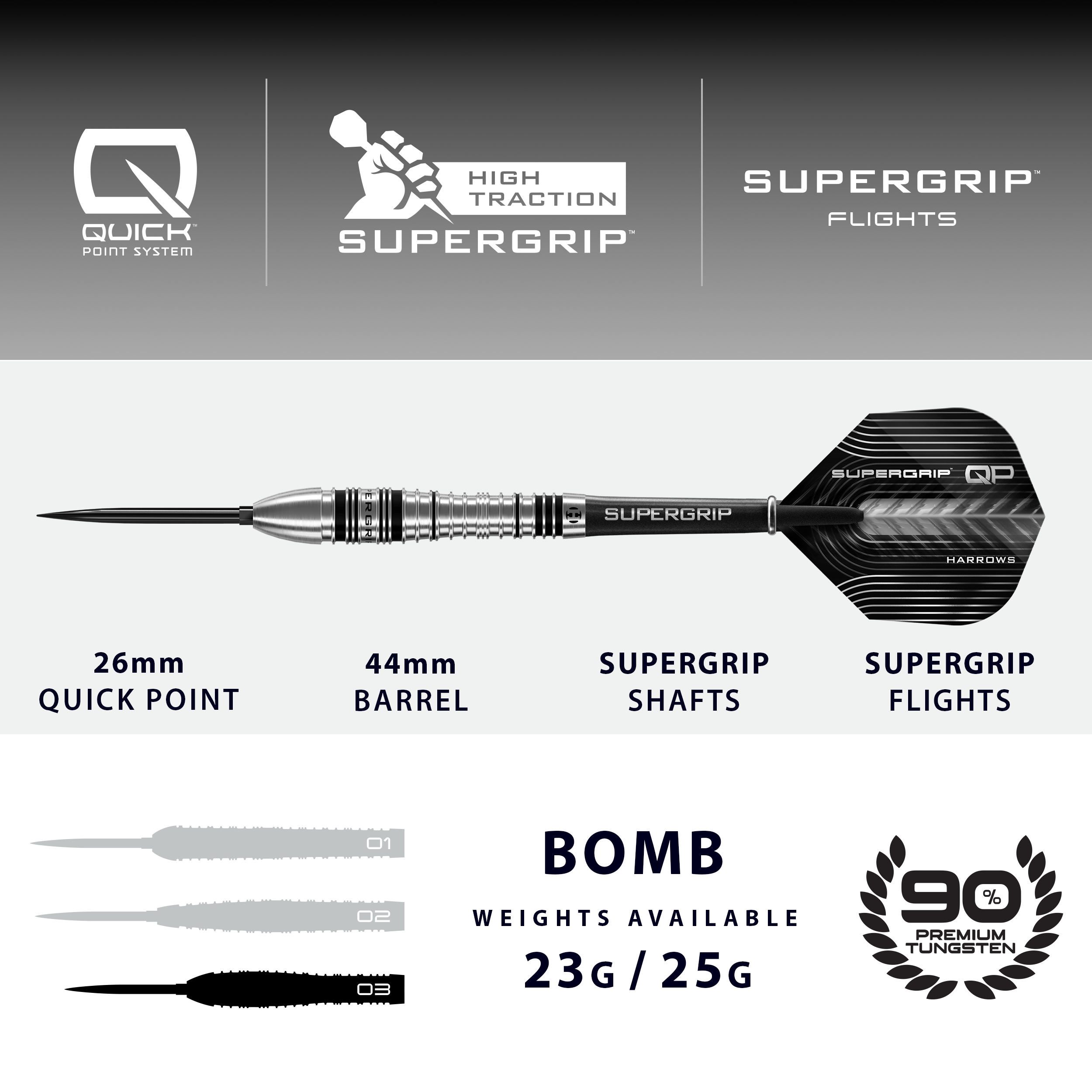 Harrows Supergrip Bomb 90% Quick Point Darts - 23g 25g