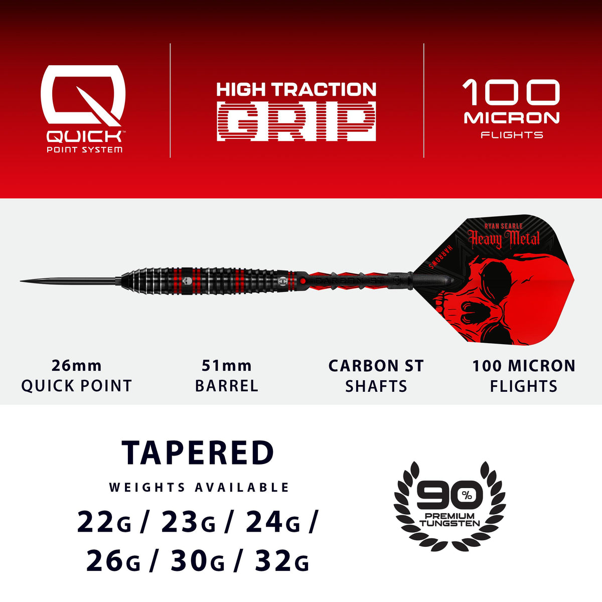 Harrows Ryan Searle - Heavy Metal - 90% Tungsten - Quick Point Darts - 22g - 32g
