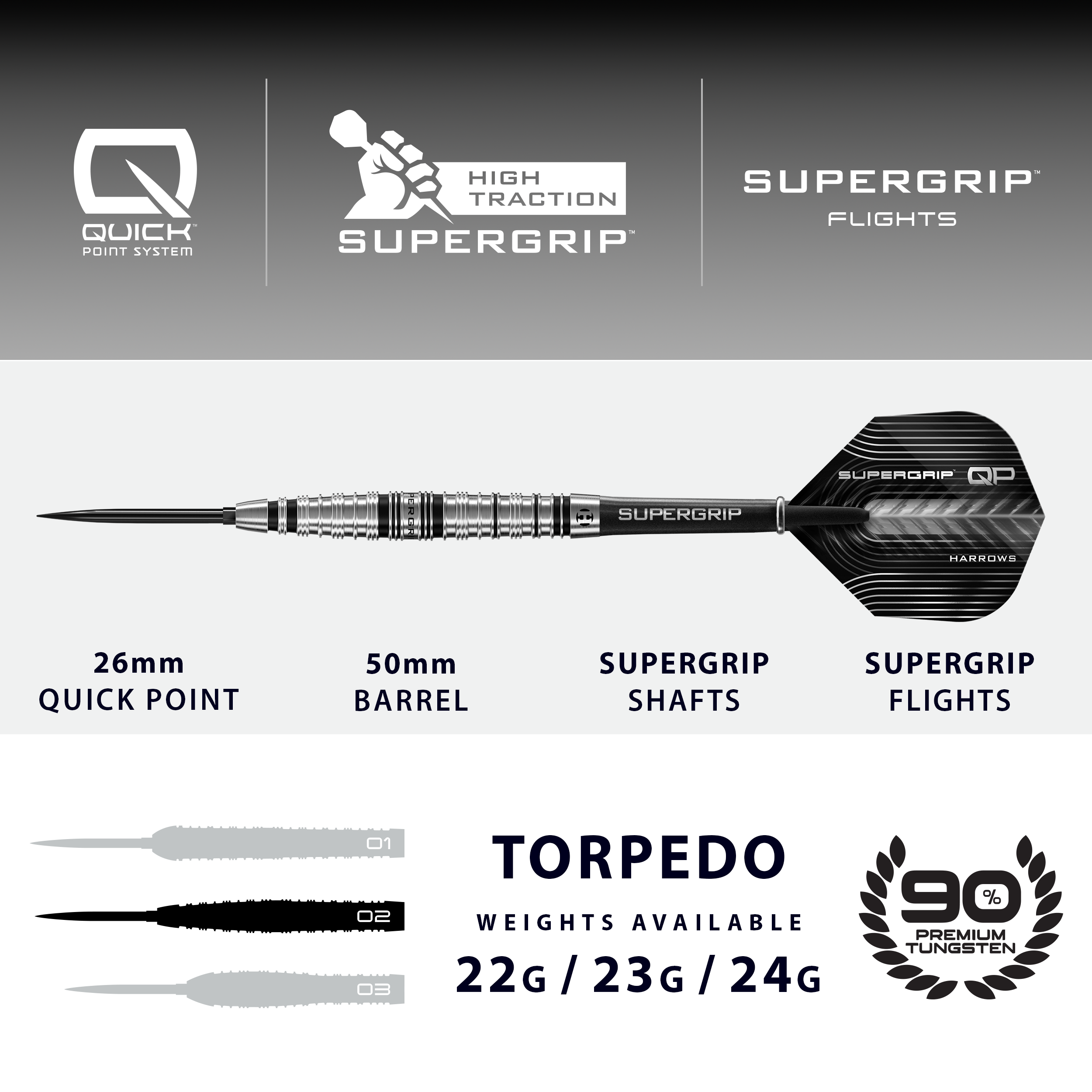Harrows Supergrip Torpedo 90% Quick Point Darts - 22g 23g 24g