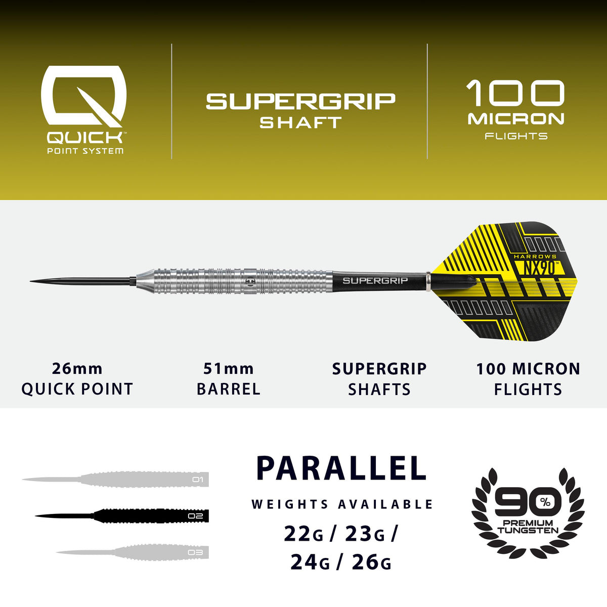 Harrows NX90 Parallel - 90% Tungsten - Quick Point Darts - 22g - 26g