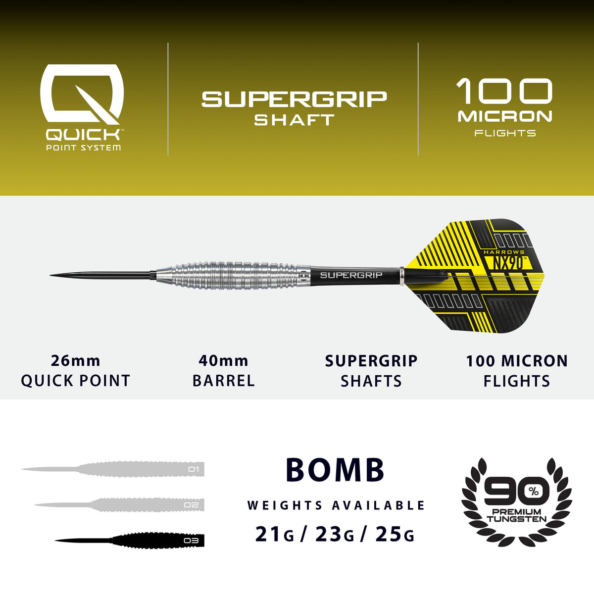 Harrows NX90 Bomb - 90% Tungsten - Quick Point Darts - 21g 23g 25g