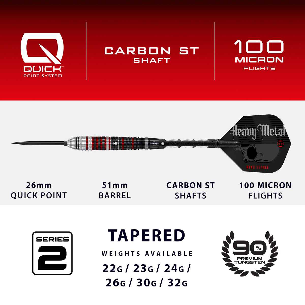 Harrows Ryan Searle S2 - Heavy Metal - 90% Tungsten - Quick Point Darts - 22g - 32g