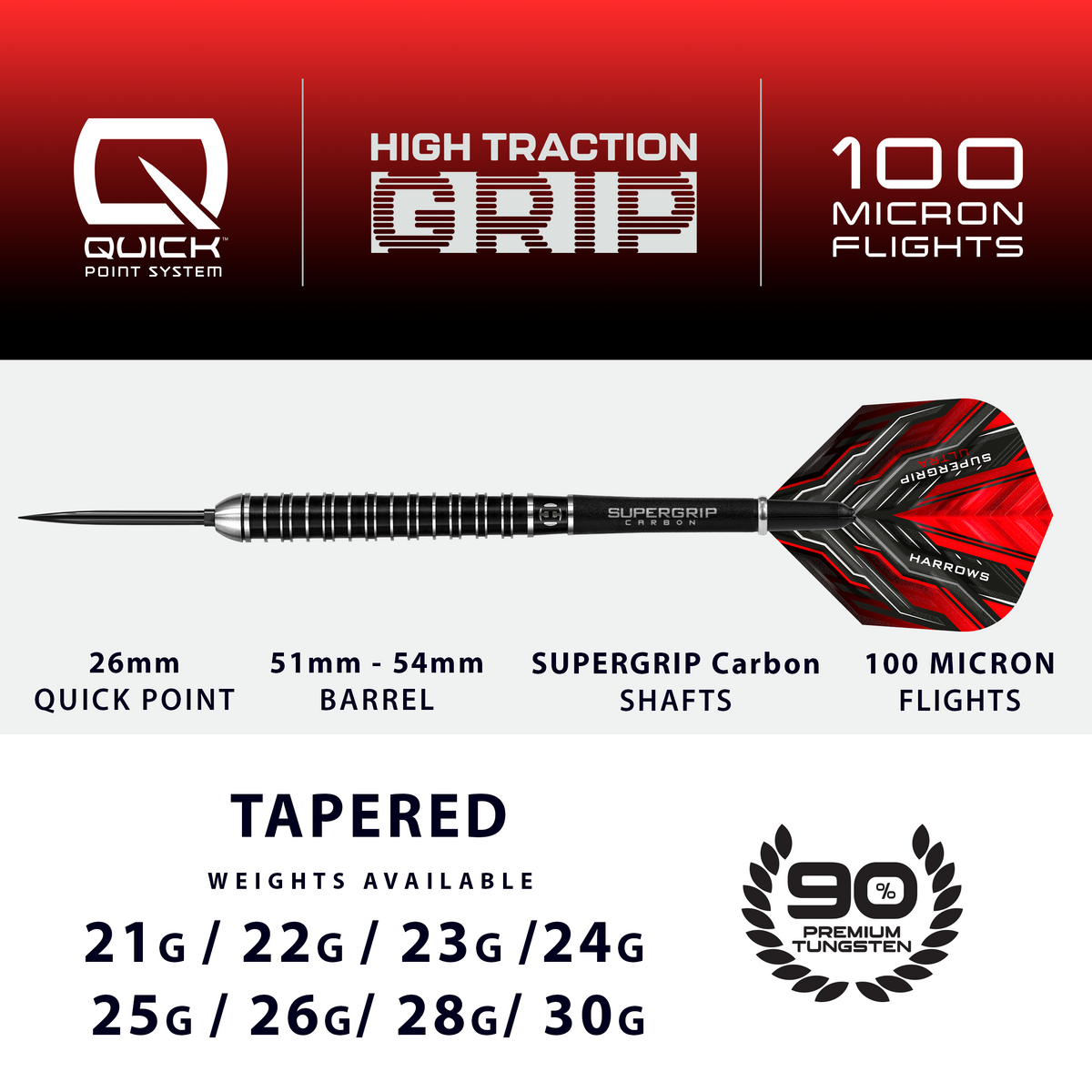 Harrows Supergrip Ultra - 90% Tungsten Darts - Quick Point - 21g-30g