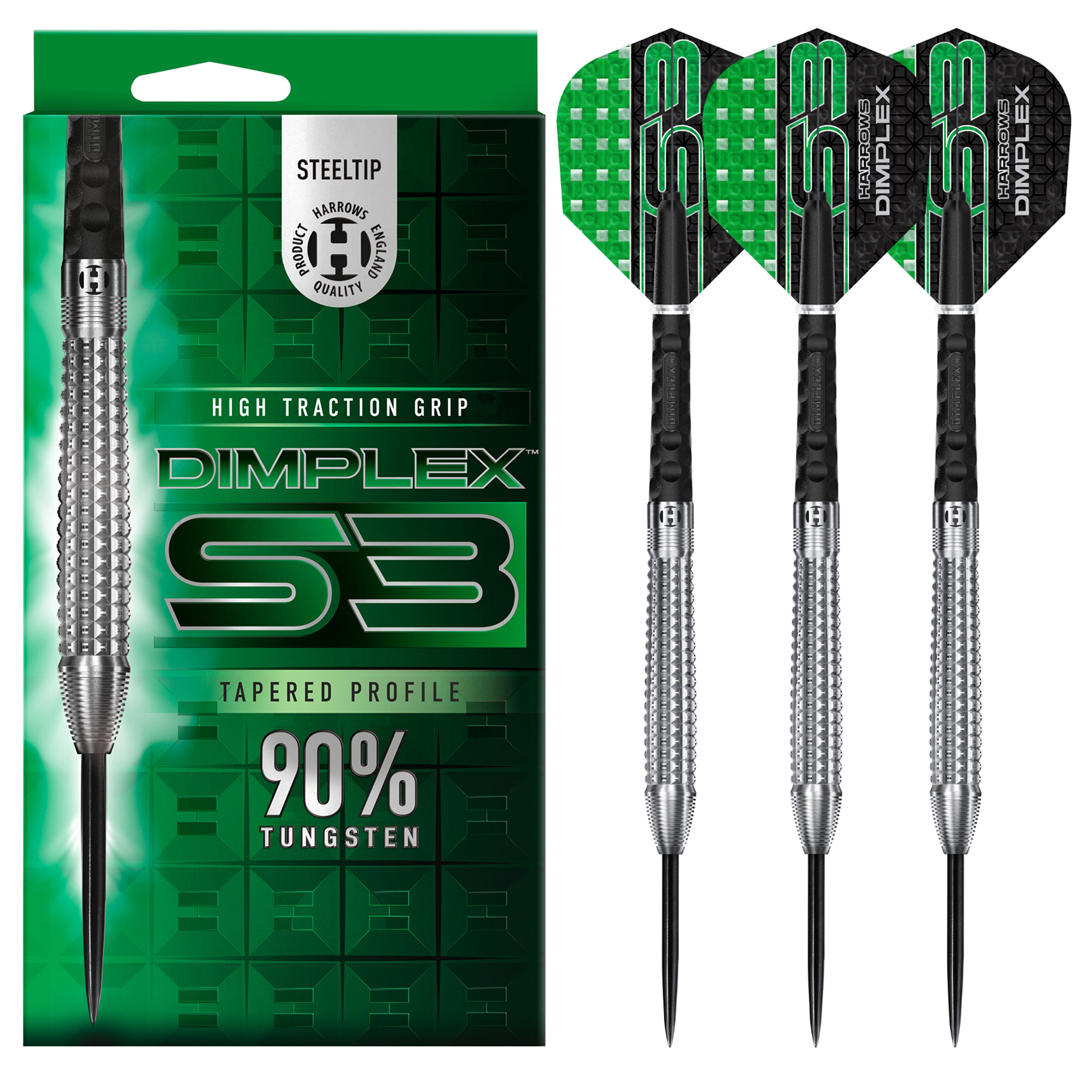 Harrows Dimplex S3 Tapered Steel Tip Darts Set - 90% Tungsten - 22g 23g 24g 26g