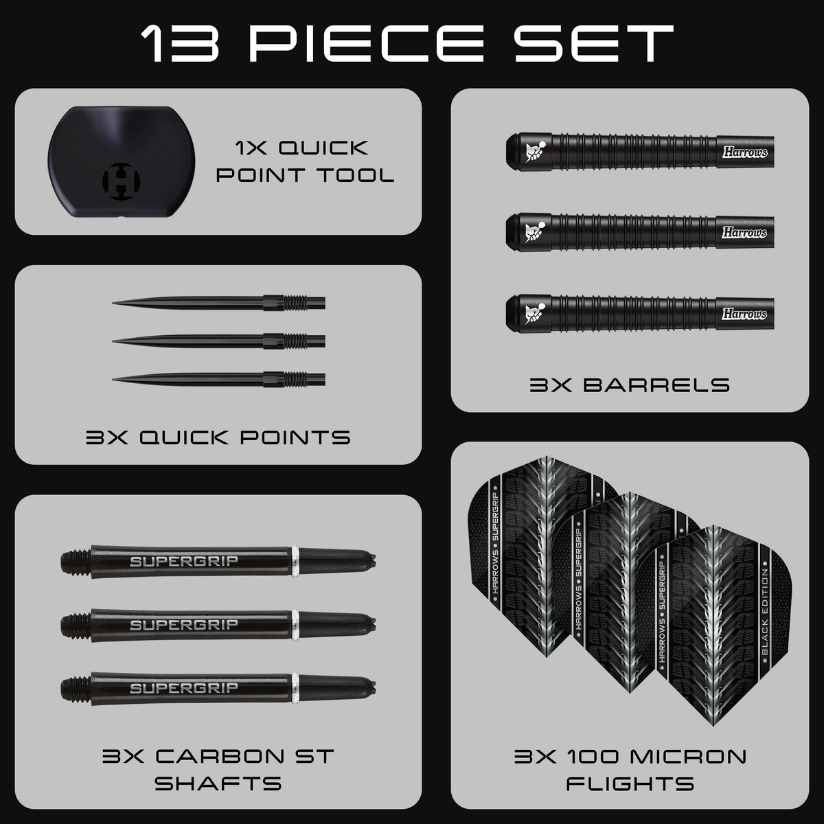 Harrows Supergrip Black Edition - 90% Tungsten Darts - Quick Point - 21g-30g