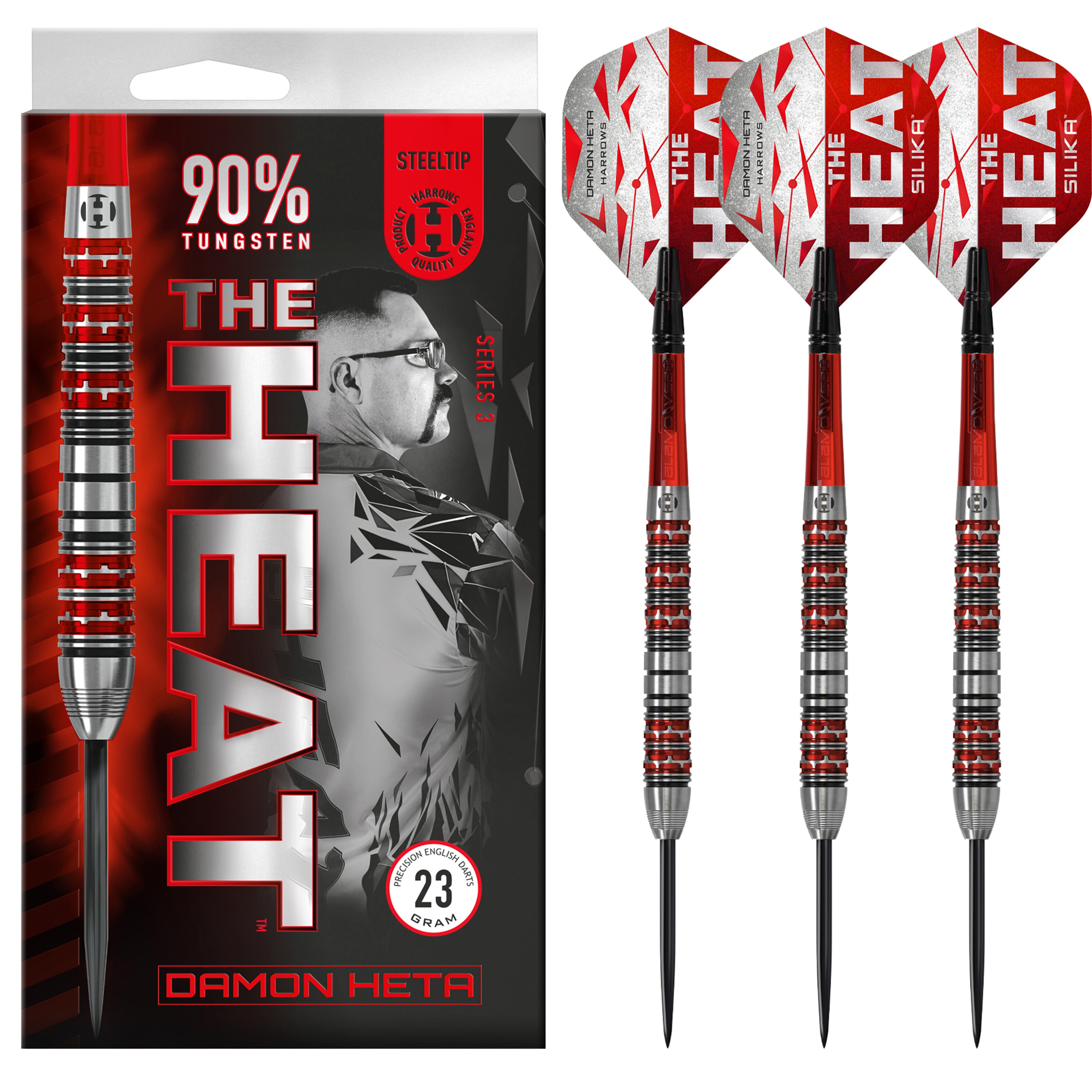 Harrows Damon 'The Heat' Heta Series 3 Steel Tip Darts Set - 90% Tungsten - 21g 23g 25g