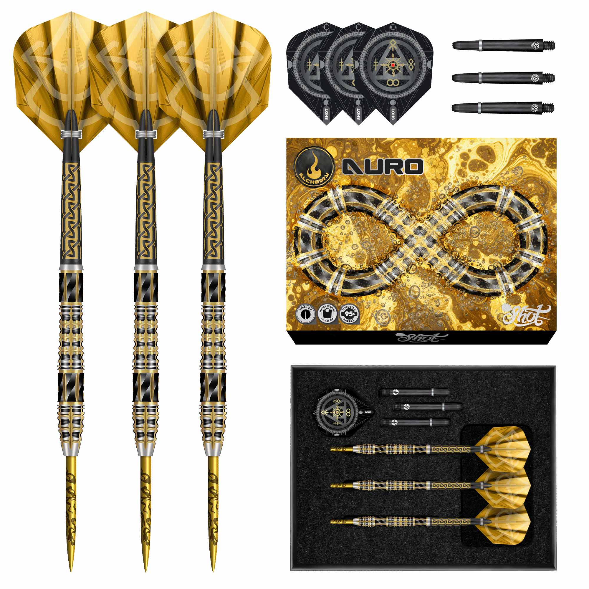 Shot Alchemy Auro Steel Tip Dart Set - 95% Tungsten Darts - 23g 24g 25g