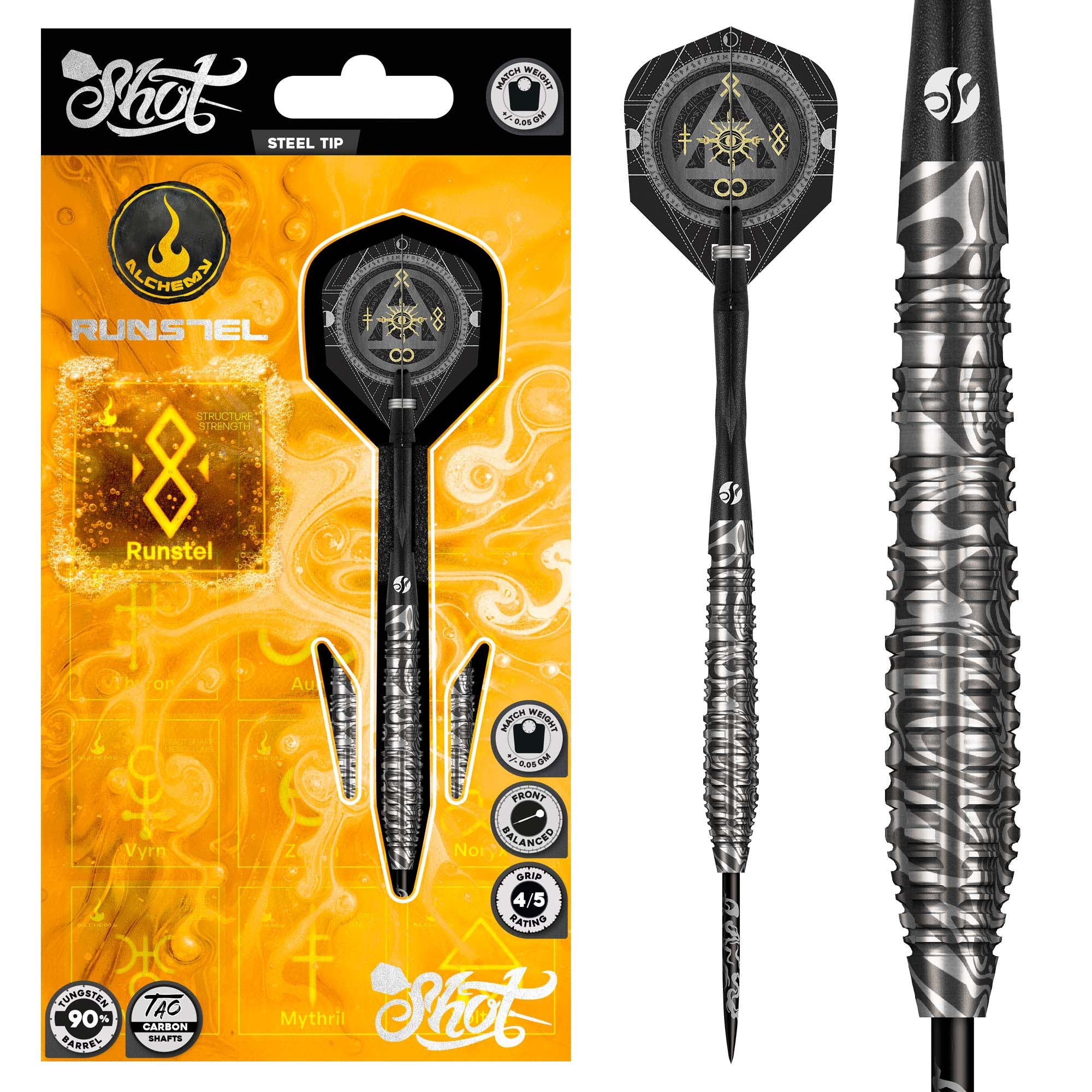 Shot Alchemy Runstel Steel Tip Dart Set - 90% Tungsten Darts - 23g 24g 26g 28g