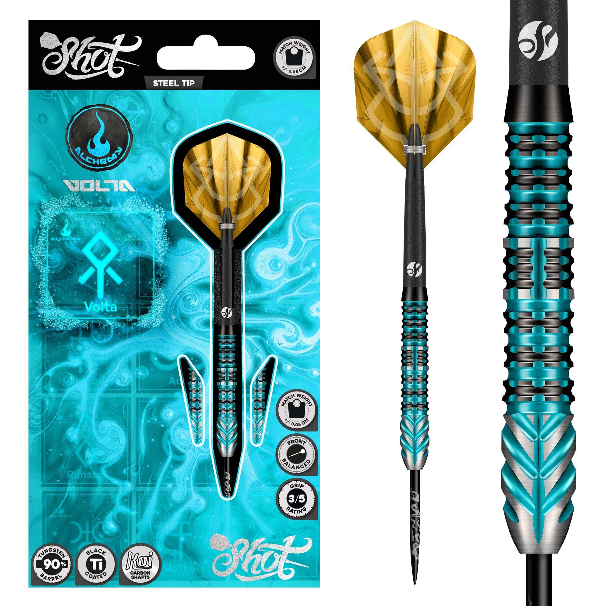 Shot Alchemy Volta Steel Tip Dart Set - 90% Tungsten Darts - 23g 24g 25g
