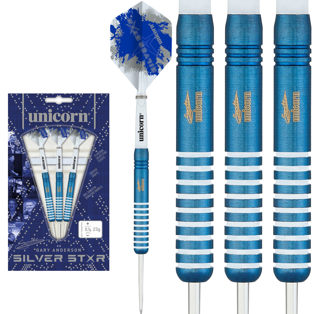 Unicorn Blue Silver Star Gary 'The Flying Scotsman' Anderson Steel Tip Darts - 80% Tungsten - 21g 23g