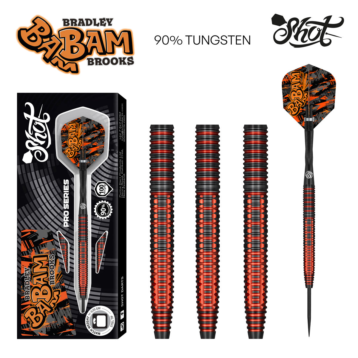 Shot Pro Series Bradley 'Bam Bam' Brookes Steel Tip Dart Set - 90% Tungsten - 23g 25g