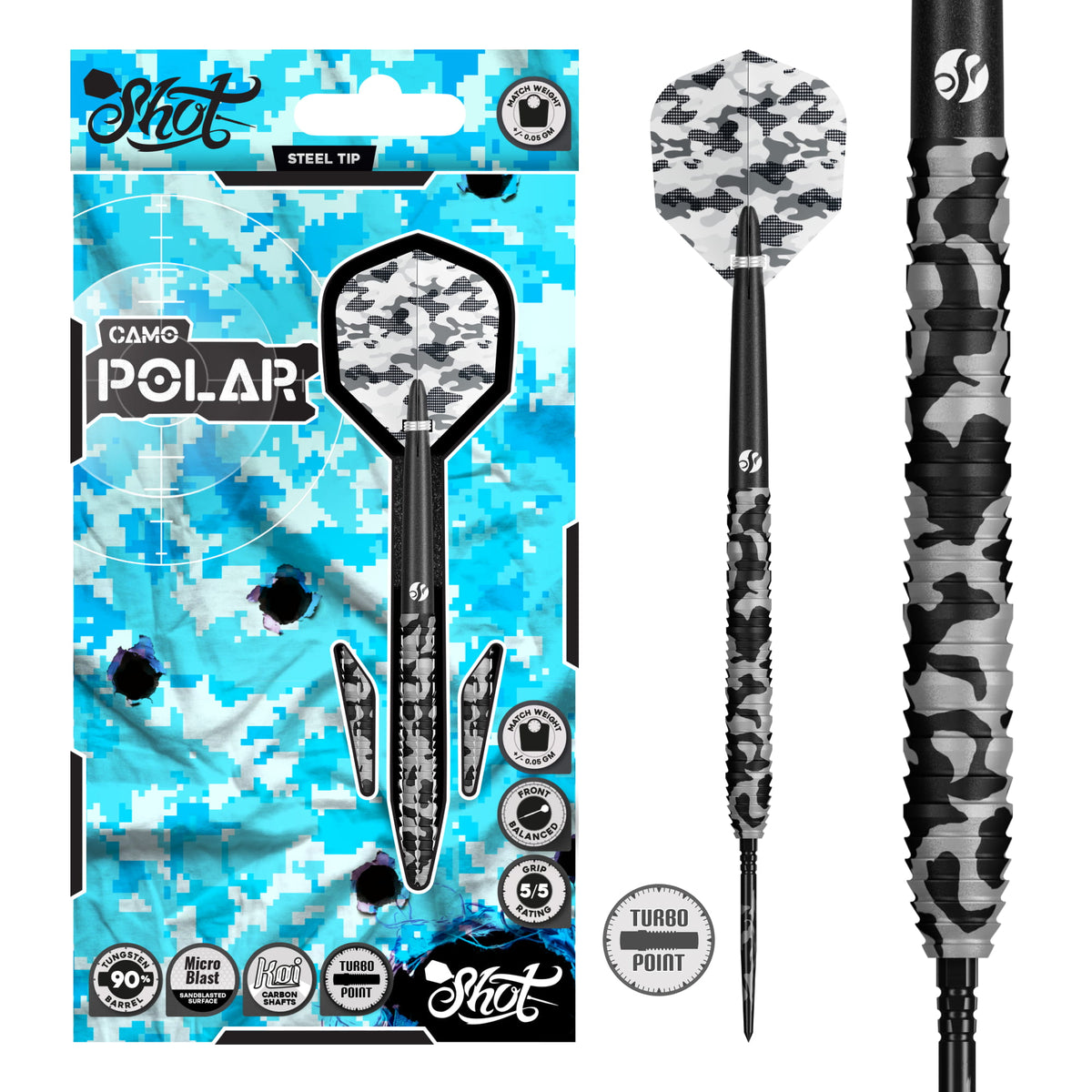 Shot Camo Polar Steel Tip Dart Set - 90% Tungsten - Turbo Point - 23g 24g 25g
