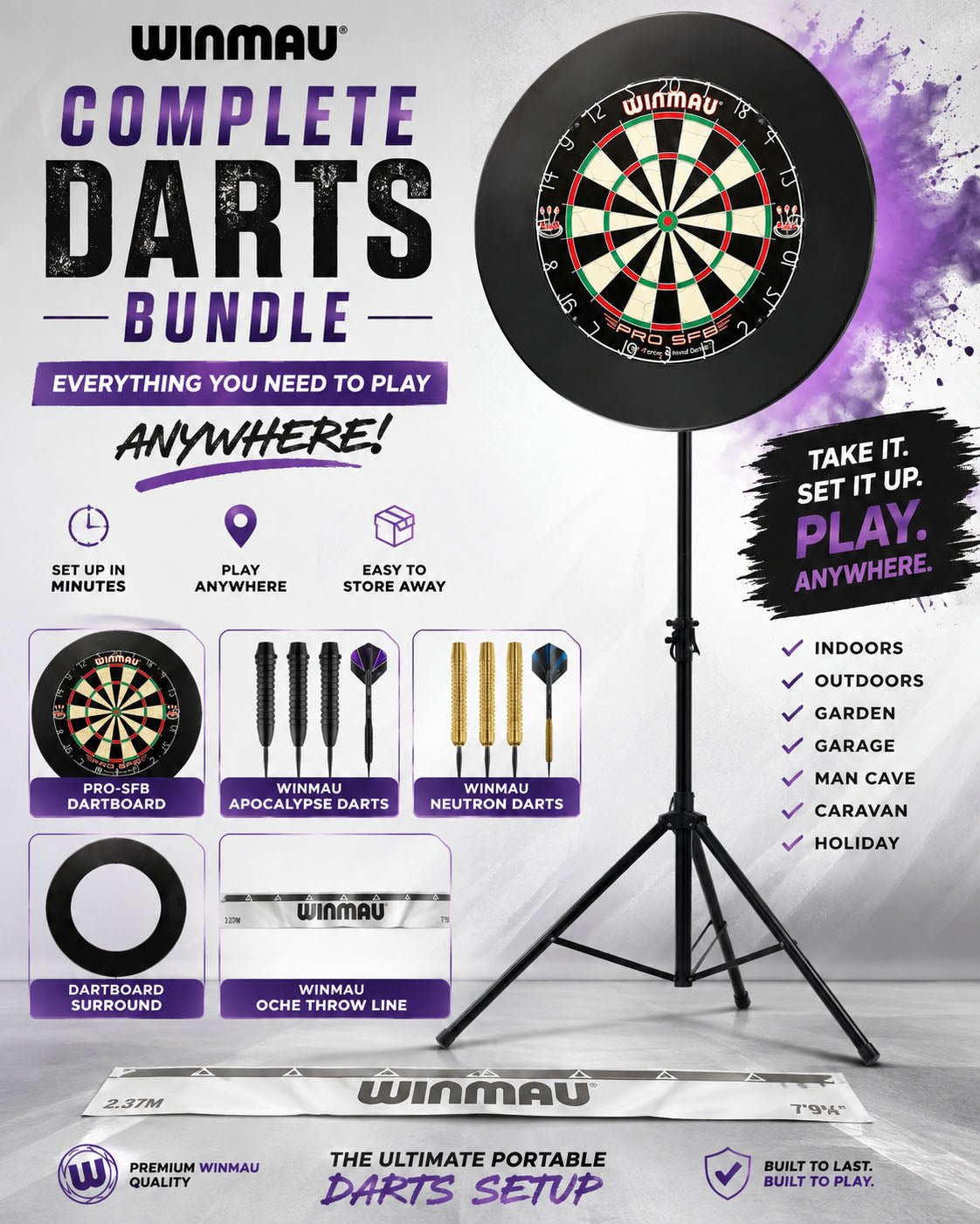 Bully Darts Home Darts Kit - Dartboard Stand - Winmau Pro-SFB Dartboard - Surround - 2 x Darts Set - Throw Line