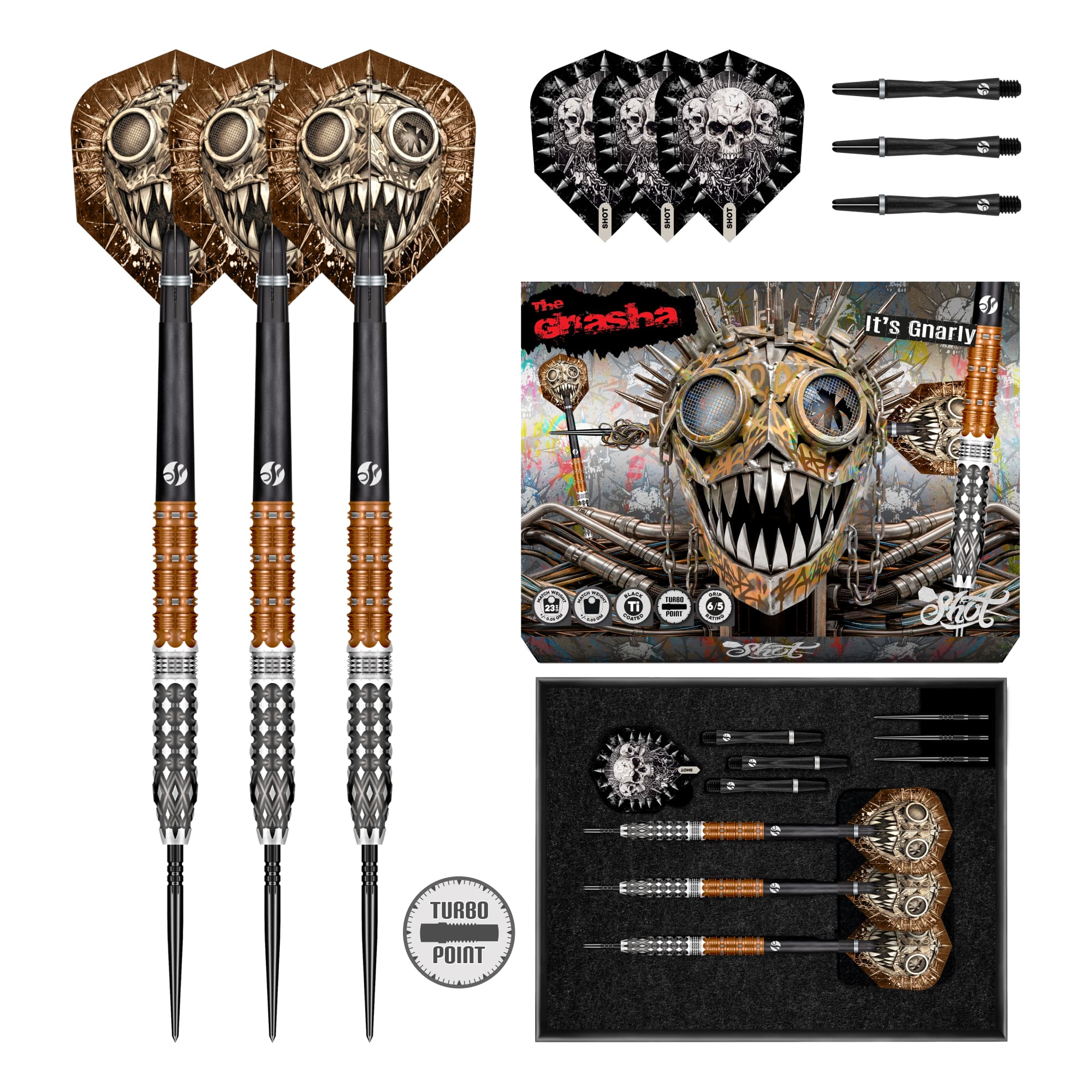 Shot Gnarly Gnasha Steel Tip Dart Set - 95% Tungsten - Turbo Point - 23g 24g 25g
