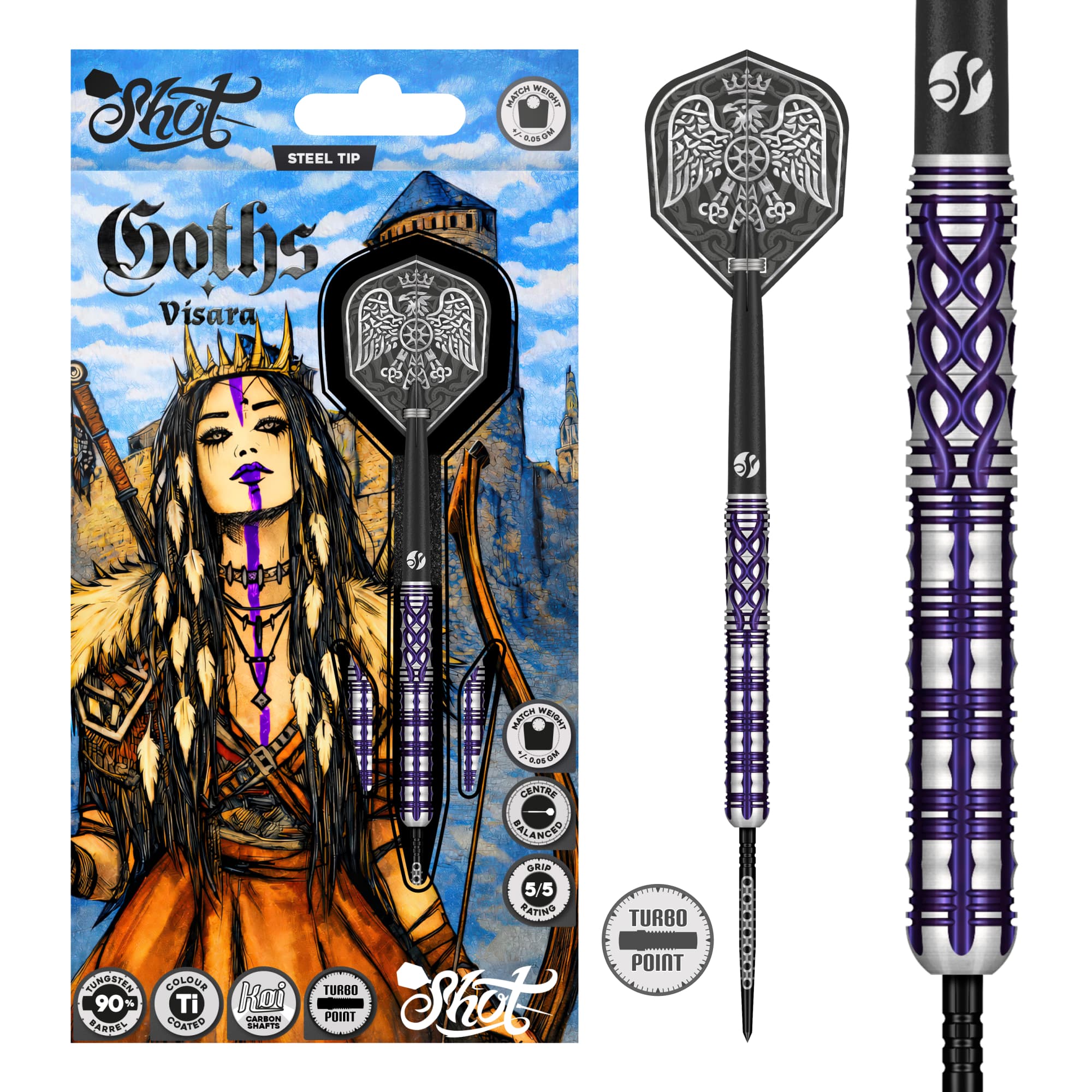 Shot Goths Visara Steel Tip Dart Set - 90% Tungsten - Turbo Point - 22g 23g 24g