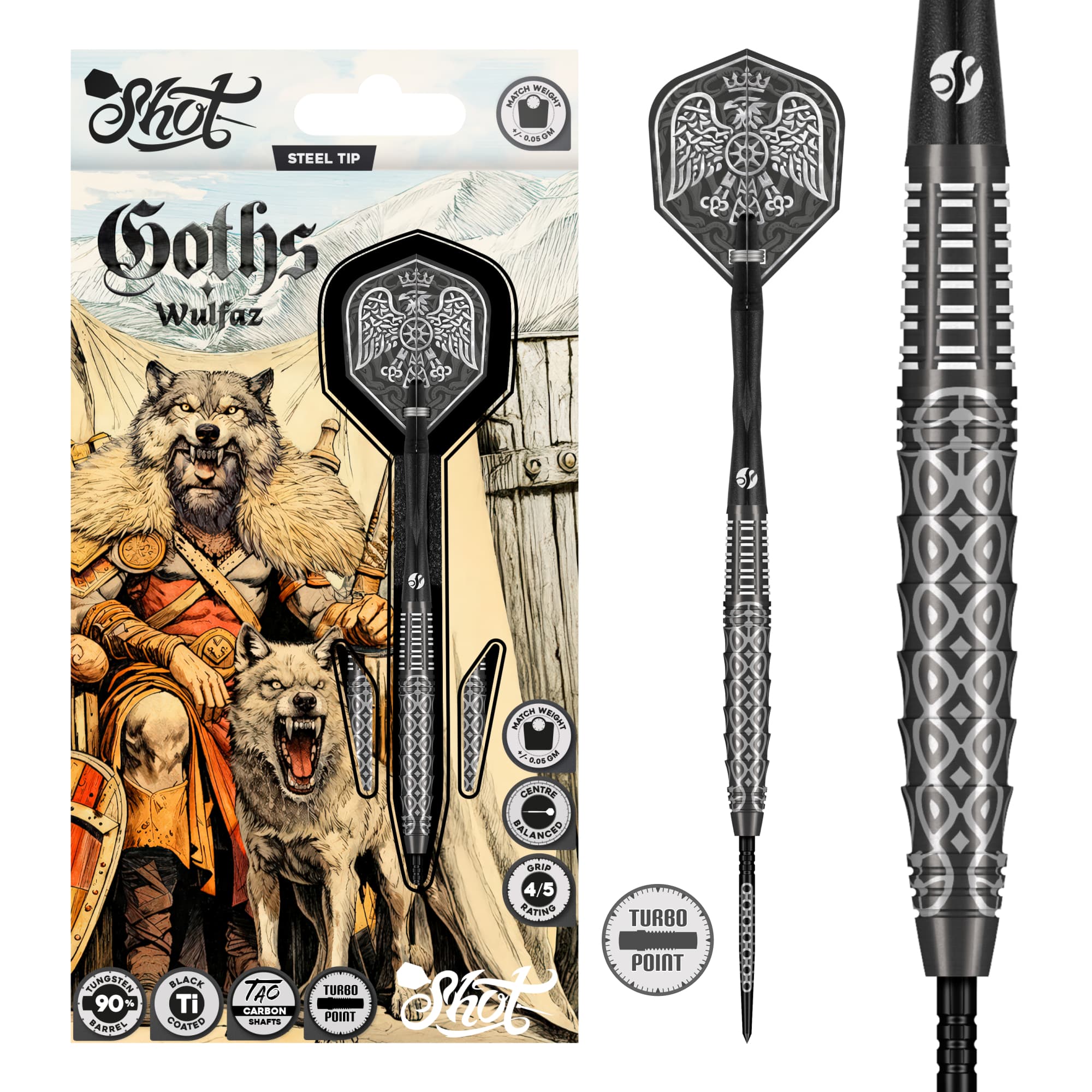 Shot Goths Wulfaz Steel Tip Dart Set - 90% Tungsten - Turbo Point - 23g 24g 25g