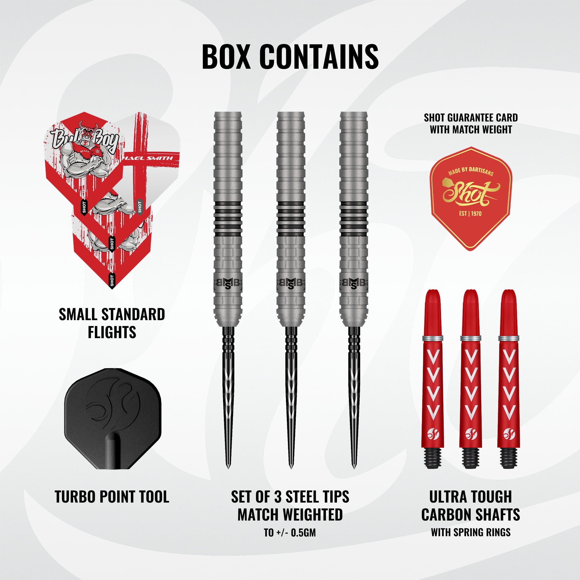 Shot Michael Bully Boy Smith - Series 2 - Steel Tip Dart Set - 90% Tungsten - Turbo Point - 22g - 25g