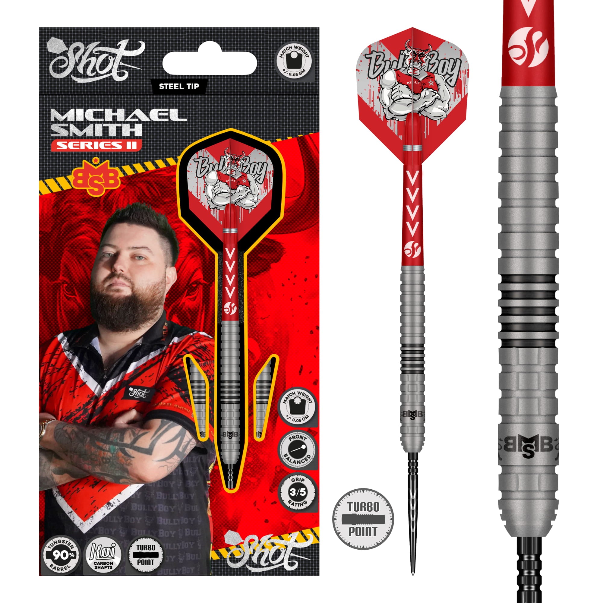Shot Michael Bully Boy Smith - Series 2 - Steel Tip Dart Set - 90% Tungsten - Turbo Point - 22g - 25g