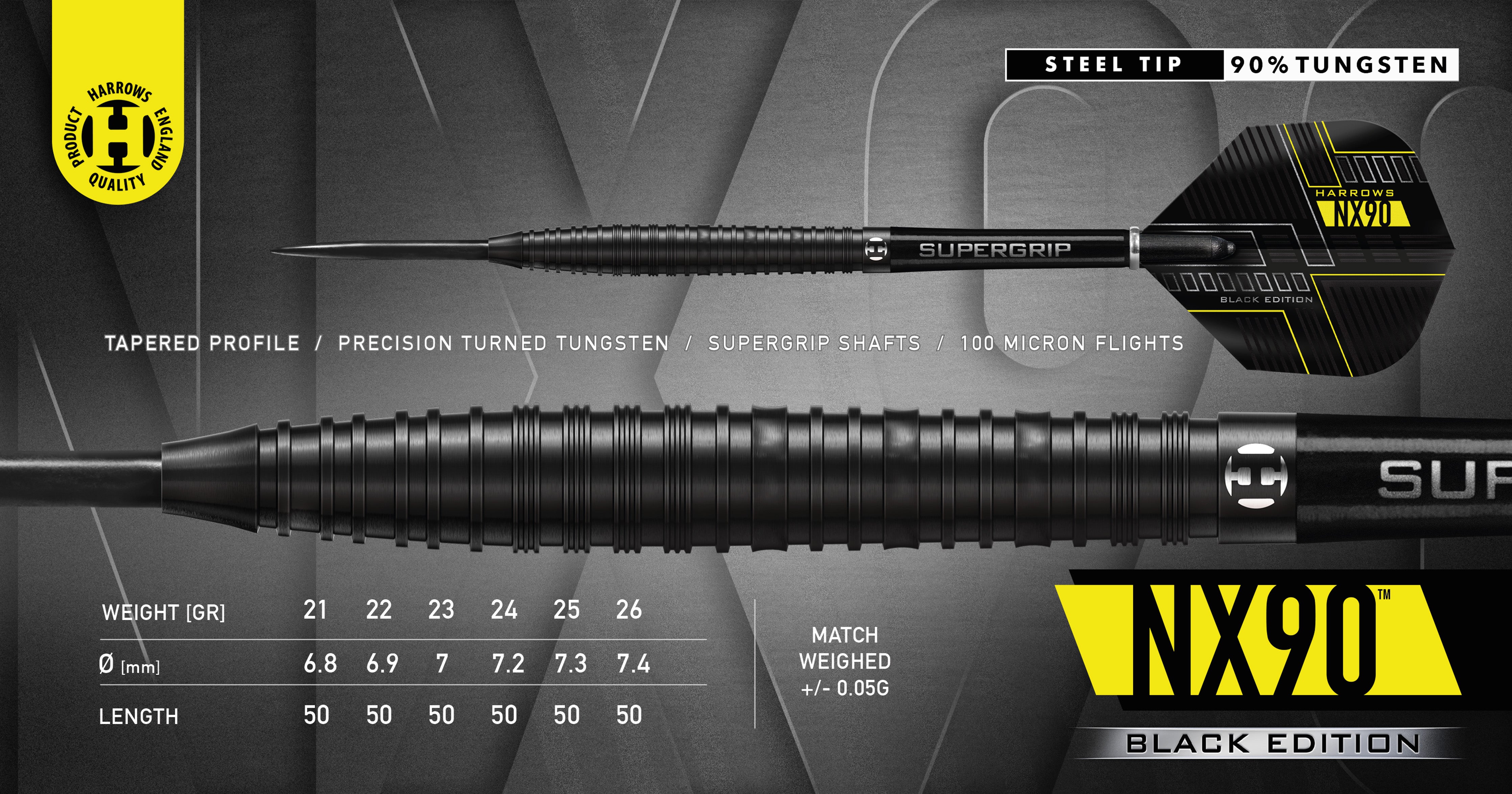 Harrows NX90 Black Edition Steel Tip Darts - 90% Tungsten - 21g to 26g