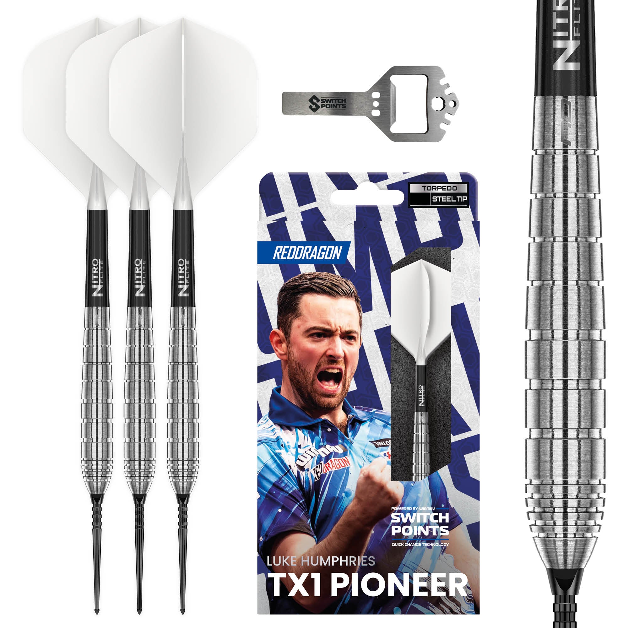Red Dragon Luke Humphries - TX1 Pioneer - Switch Points Darts - 90% Tungsten - 22g 24g