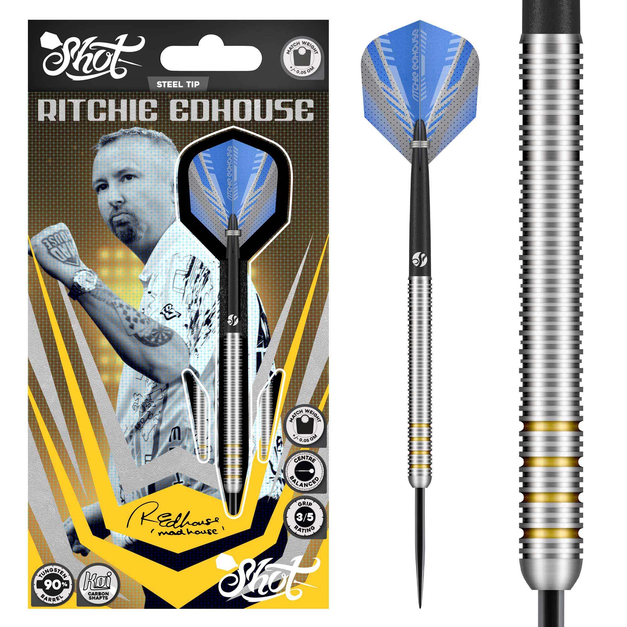 Shot Ritchie Edhouse Core Steel Tip Dart Set - 90% Tungsten Darts - 23g 24g