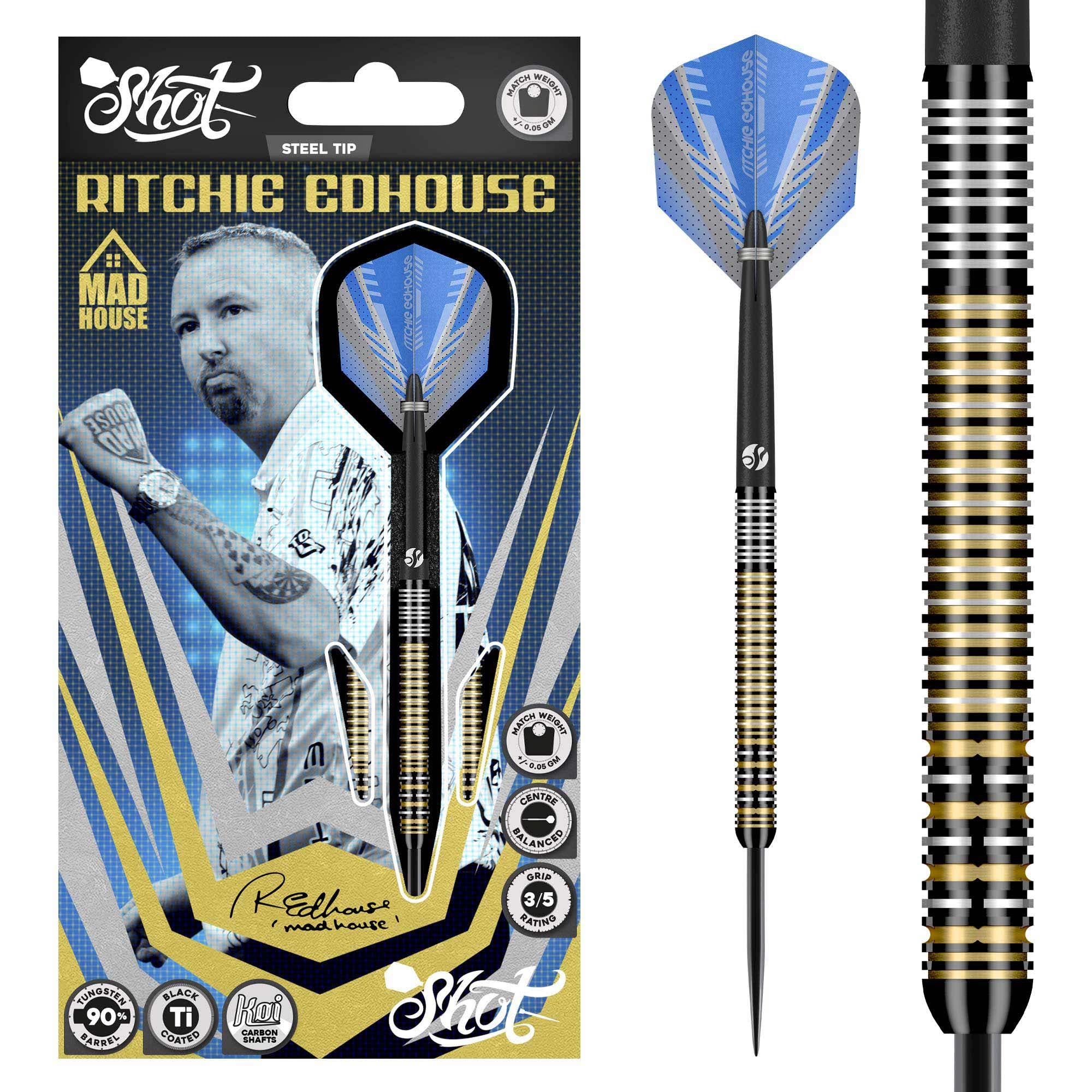 Shot Ritchie Edhouse Madhouse Steel Tip Dart Set - 90% Tungsten Darts - 23g 24g 26g