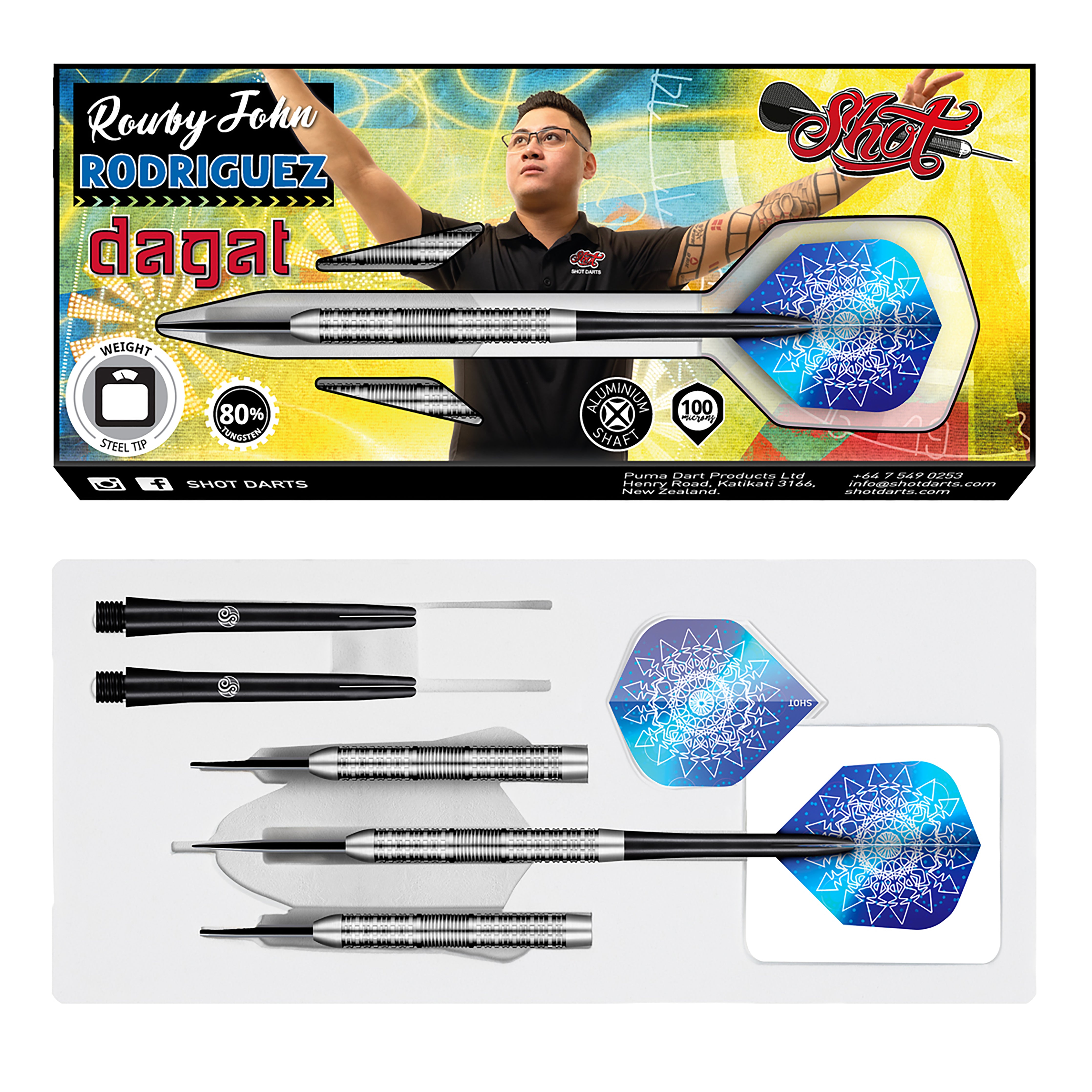 Shot Rowby-John Rodriguez - Dagat - Steel Tip Darts - 80% Tungsten - 21g 23g 25g