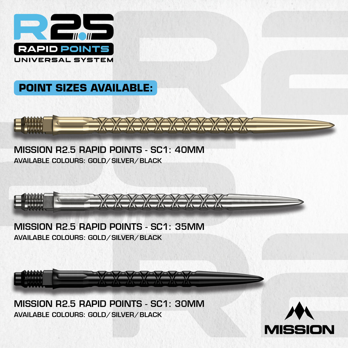 Mission R2.5 Rapid Dart Points - SC1 - Silver - 30mm 35mm 40mm