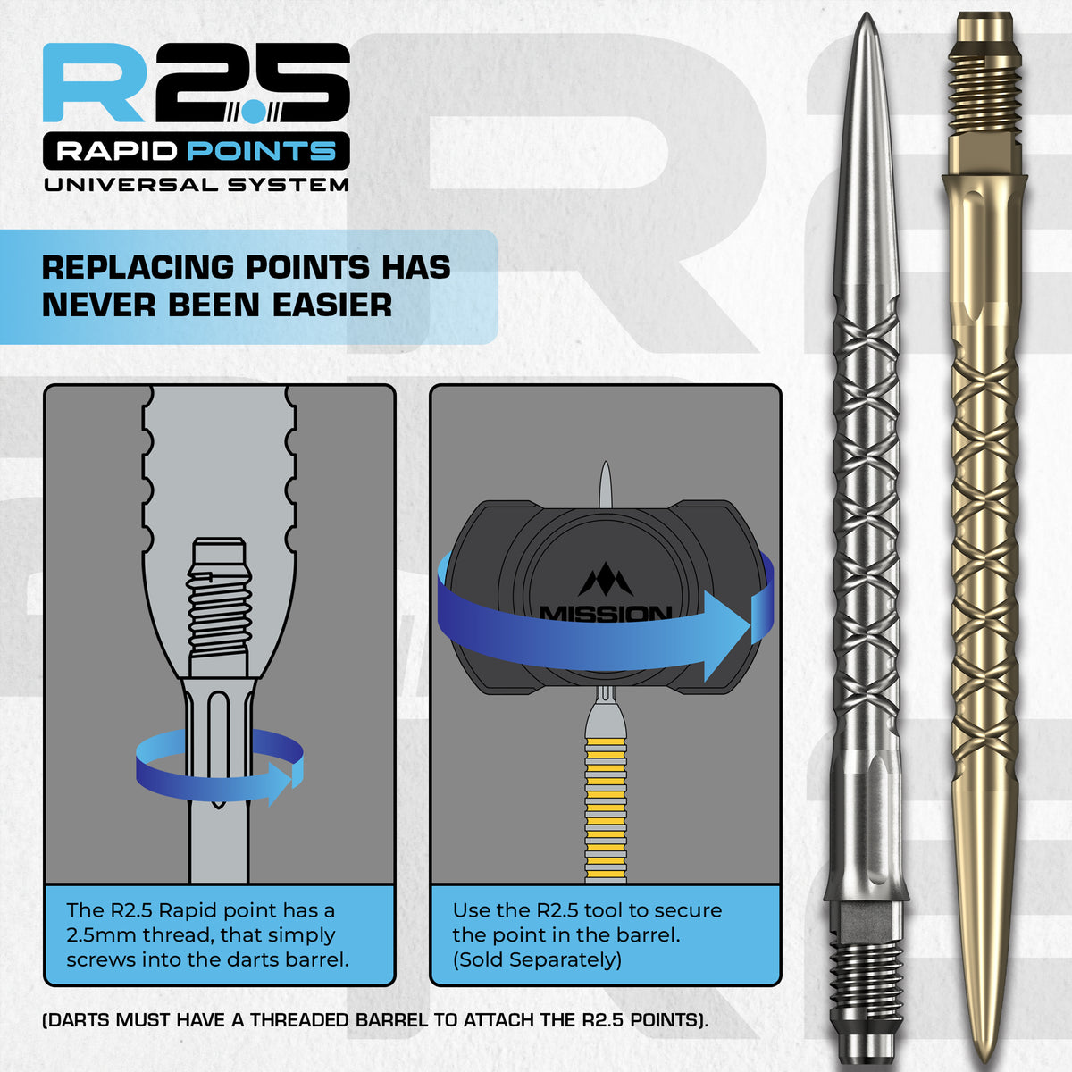 Mission R2.5 Rapid Dart Points - SC1 - Silver - 30mm 35mm 40mm