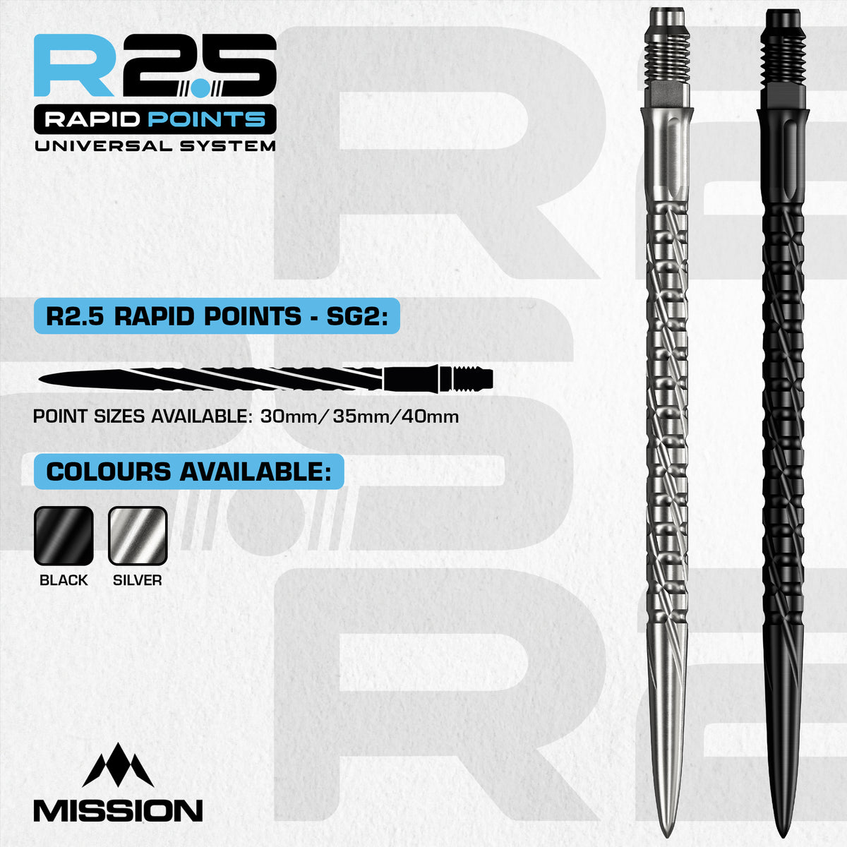 Mission R2.5 Rapid Dart Points - SG2 - Silver - 30mm 35mm 40mm