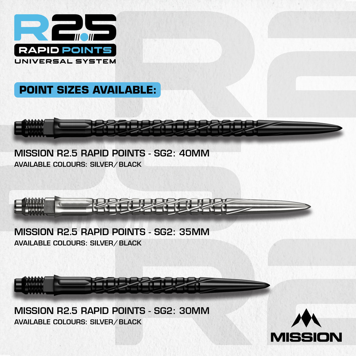 Mission R2.5 Rapid Dart Points - SG2 - Silver - 30mm 35mm 40mm