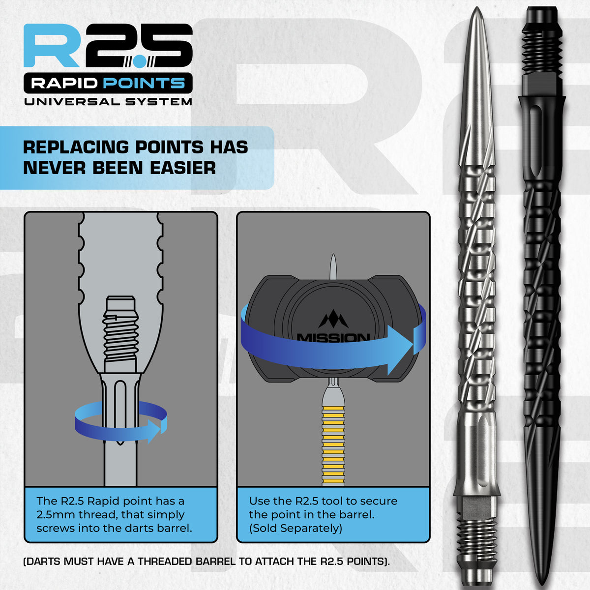 Mission R2.5 Rapid Dart Points - SG2 - Silver - 30mm 35mm 40mm