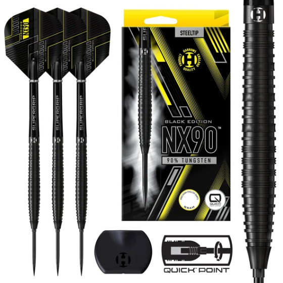 Harrows NX90 Black Edition - 90% Tungsten - Quick Point Darts - 21g - 26g