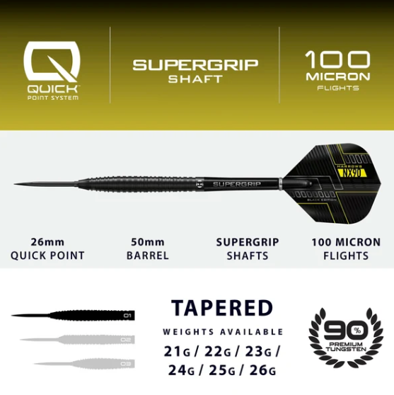 Harrows NX90 Black Edition - 90% Tungsten - Quick Point Darts - 21g - 26g
