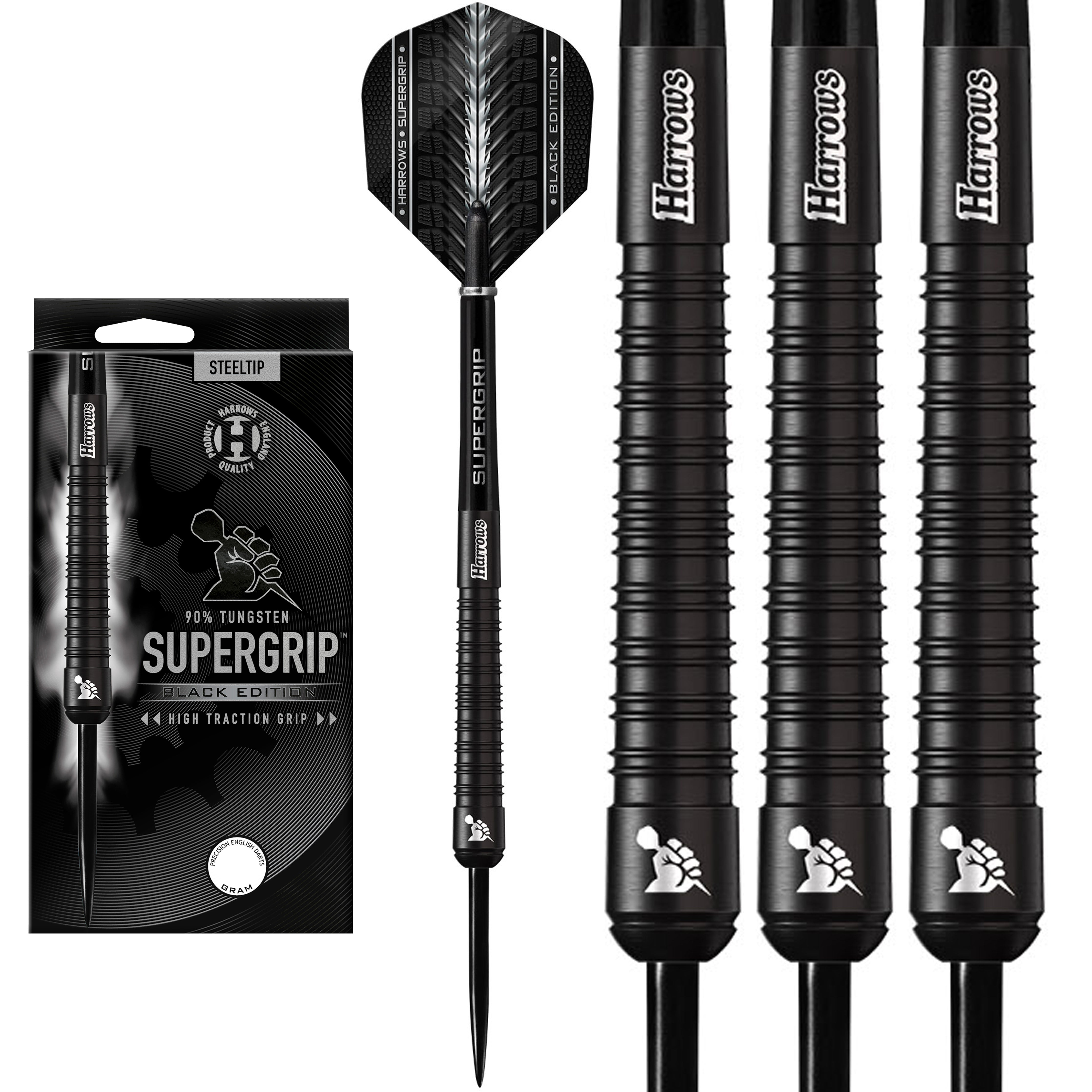 Harrows Supergrip Black Edition Steel Tip Darts - 90% Tungsten - 21g t
