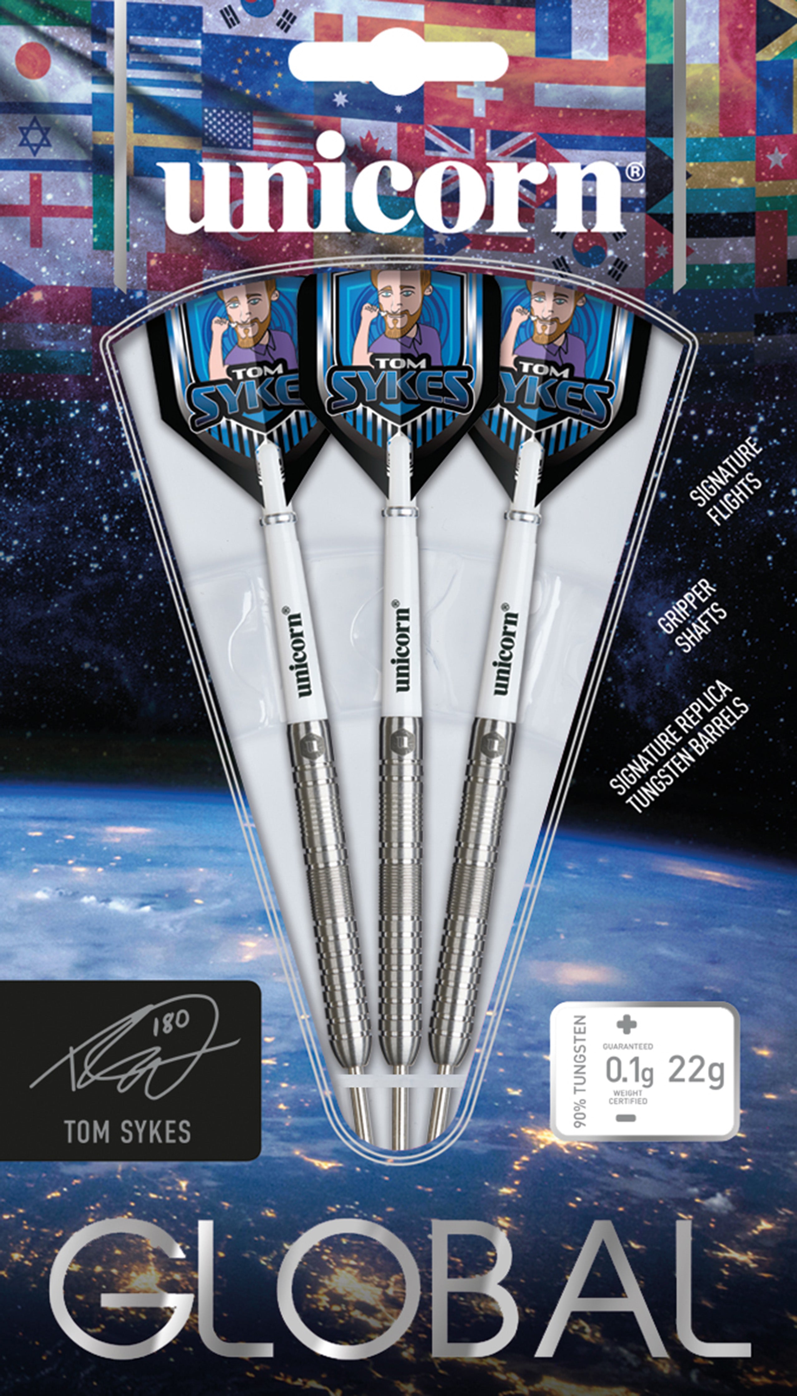 Unicorn Tom Sykes Steel Tip Darts - 90% Tungsten - 22g