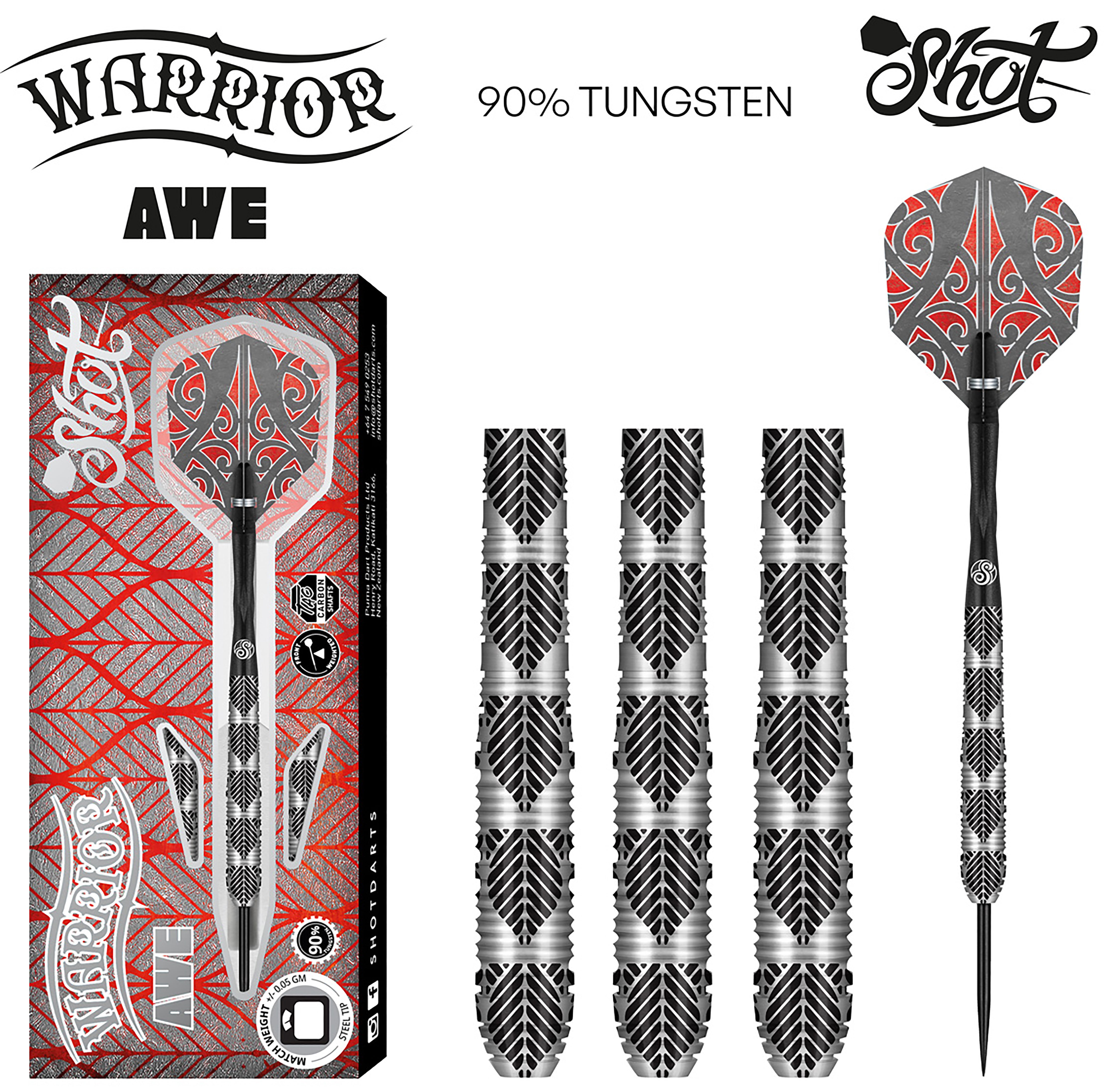 Shot Warrior Awe Steel Tip Dart Set - 90% Tungsten Darts - 22g 23g 24g 26g