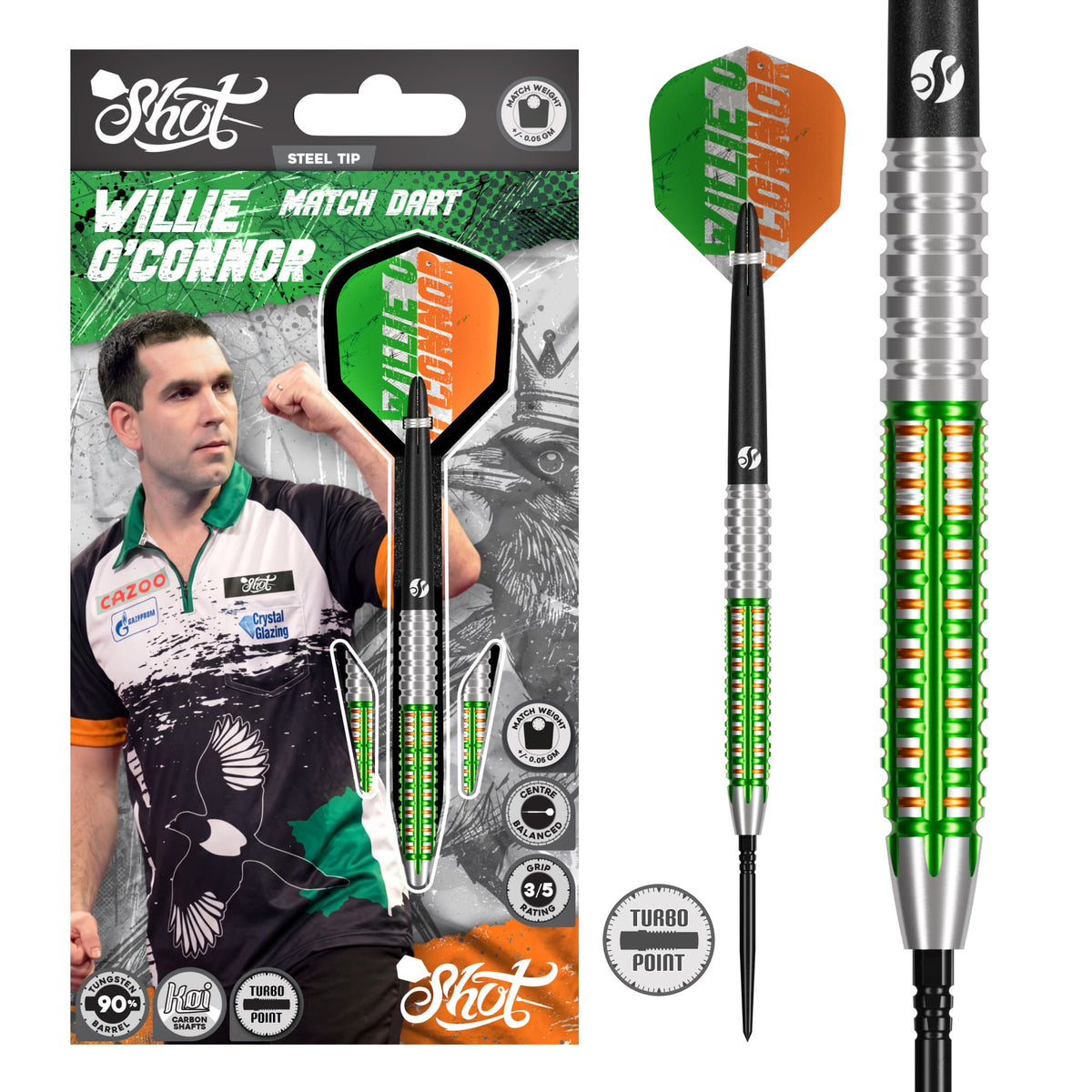 Shot Pro Series Willie O'Connor - Steel Tip Dart Set - 90% Tungsten - Turbo Point - 23g 24g