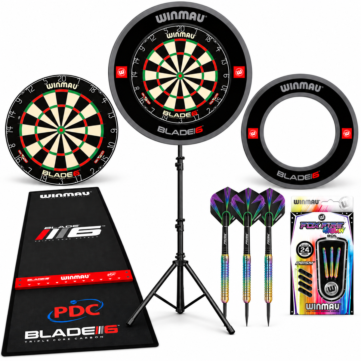 Winmau Ultimate Home Darts Kit - Blade 6 Dartboard - Winmau Surround - Blade 6 Dart Mat - Stand - Winmau Foxfire Urban Tungsten Darts