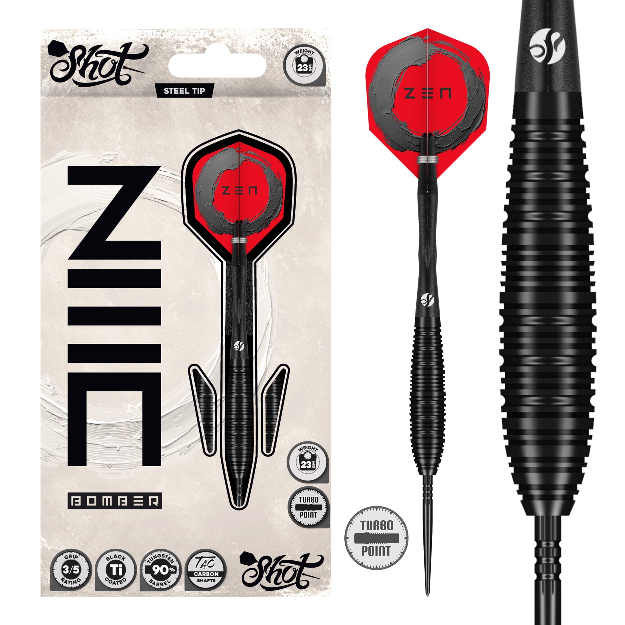 Shot Zen Missile - Bomber - Steel Tip Dart Set - 90% Tungsten - Turbo Point - 23g 24g 26g
