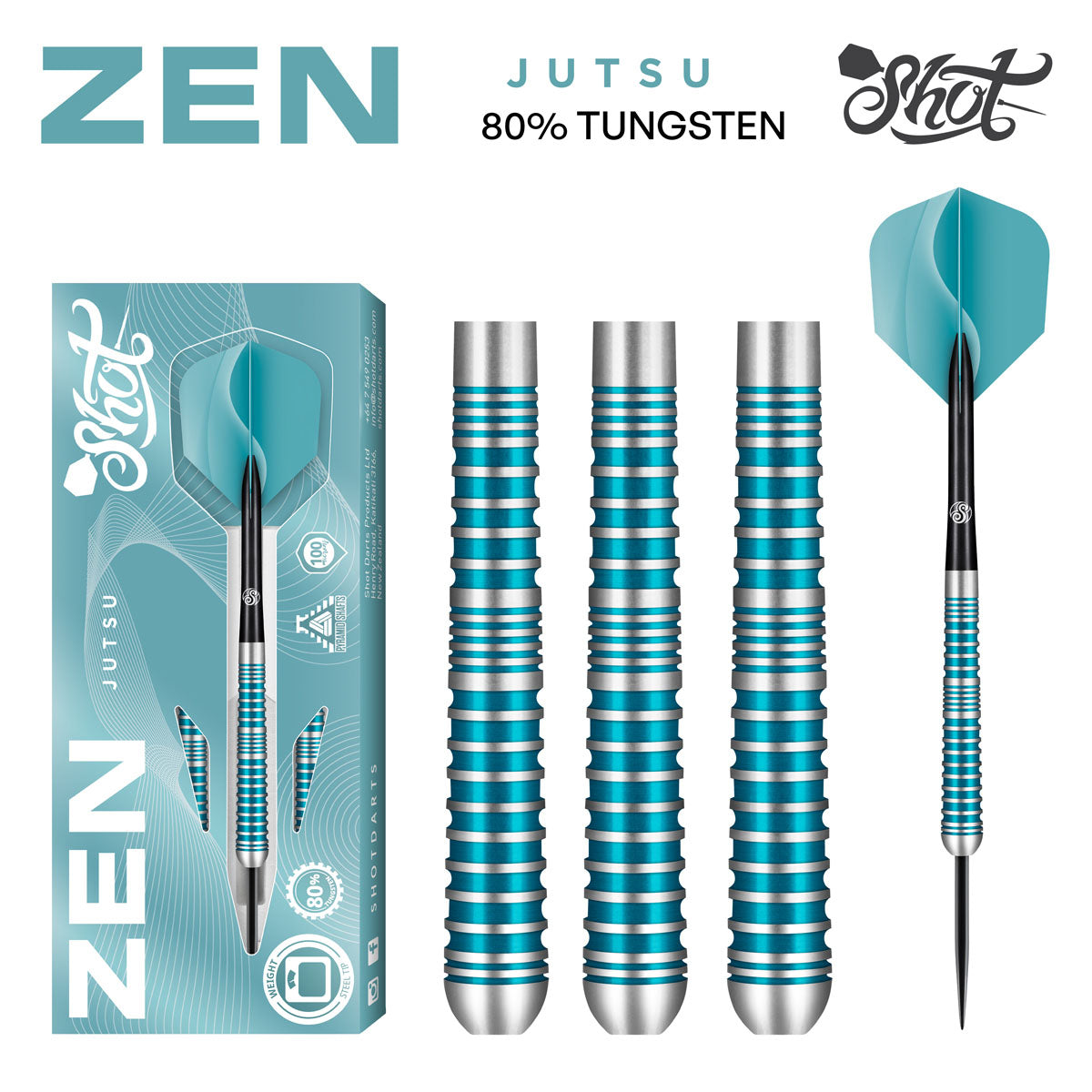 Shot Zen Jutsu 2.0 - Steel Tip Dart Set - 80% Tungsten - 23g 24g 25g - Aqua Blue