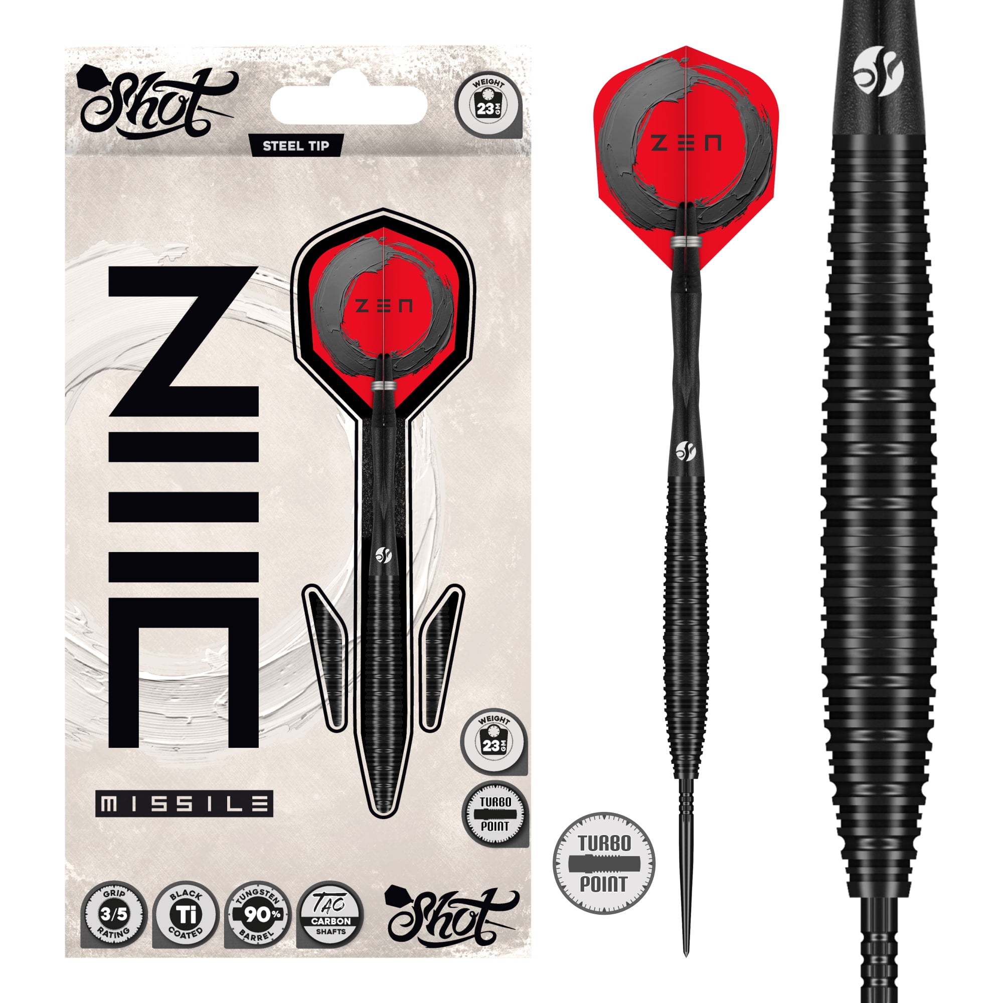 Shot Zen Missile - Steel Tip Dart Set - 90% Tungsten - Turbo Point - 22g 23g 24g