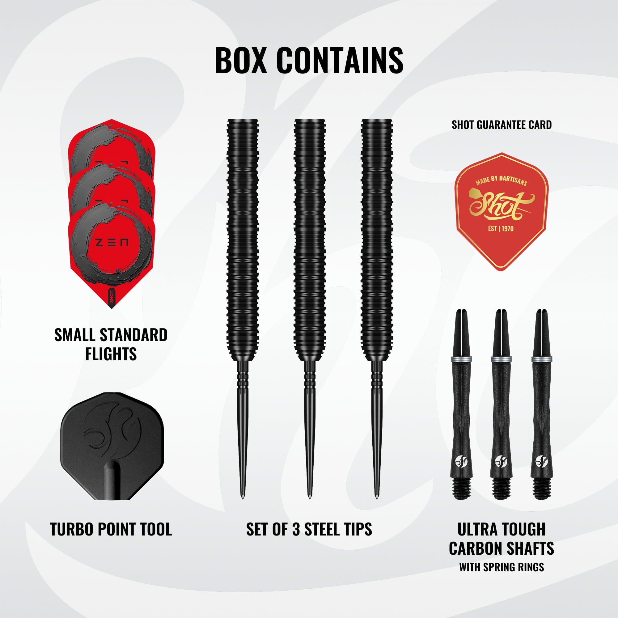 Shot Zen Missile - Straight - Steel Tip Dart Set - 90% Tungsten - Turbo Point - 23g 24g 25g