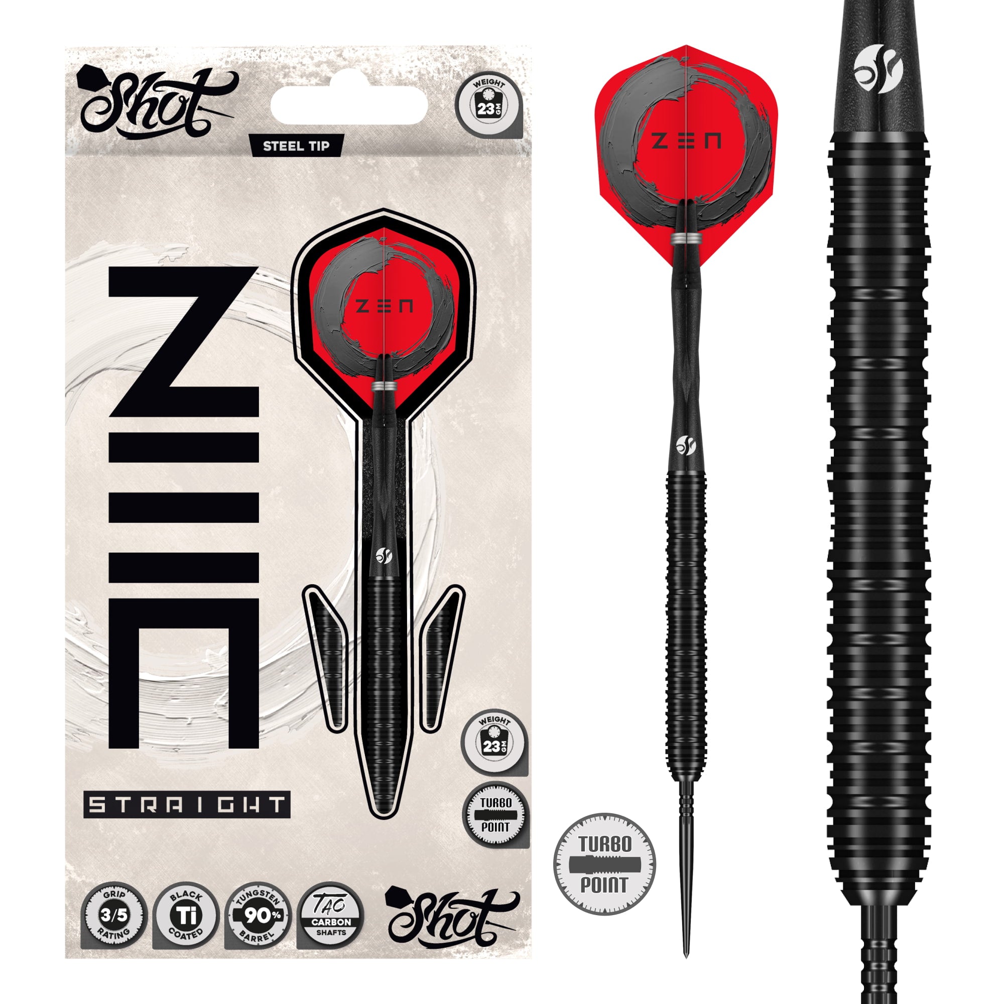 Shot Zen Missile - Straight - Steel Tip Dart Set - 90% Tungsten - Turbo Point - 23g 24g 25g