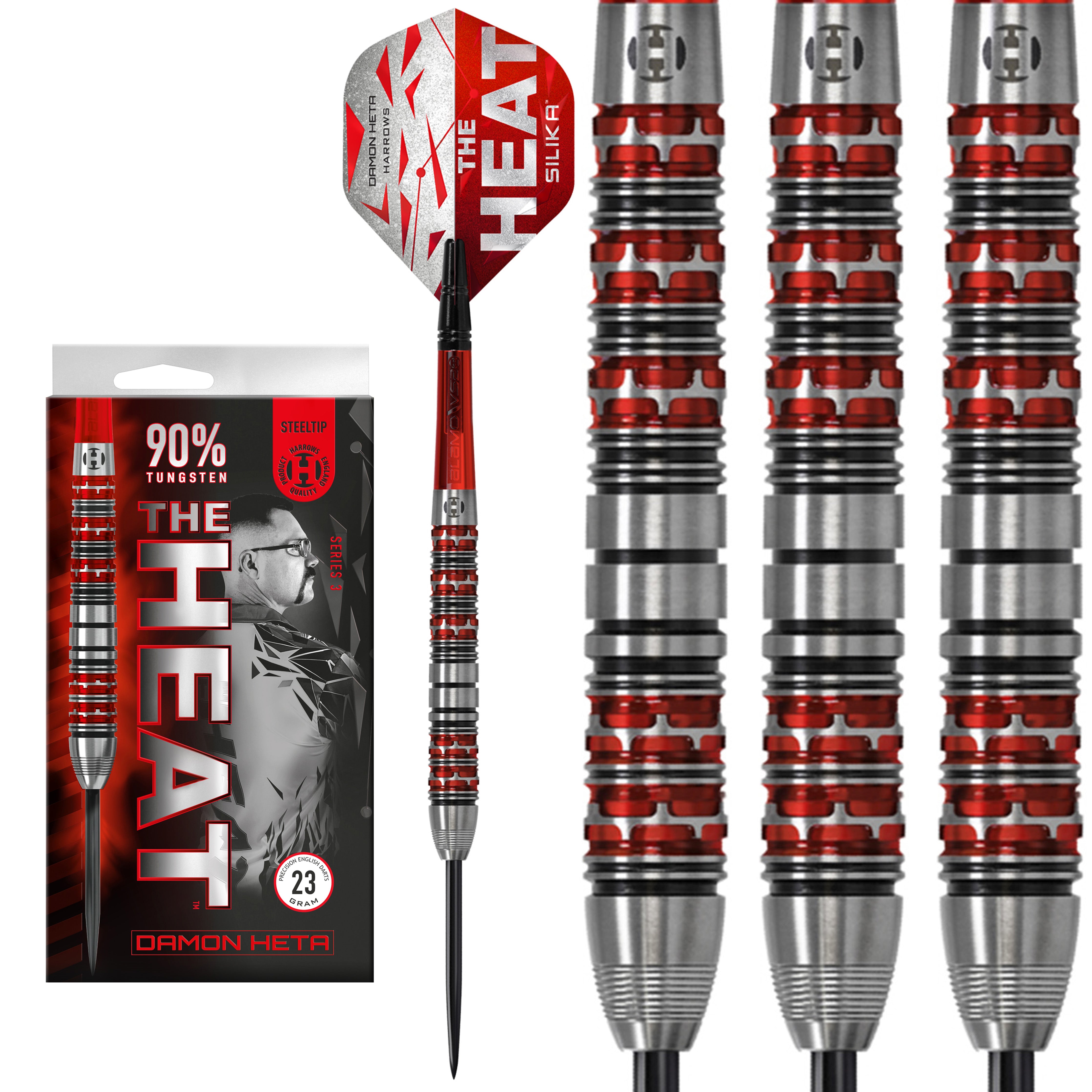 Harrows Damon 'The Heat' Heta Series 3 Steel Tip Darts Set - 90% Tungsten - 21g 23g 25g