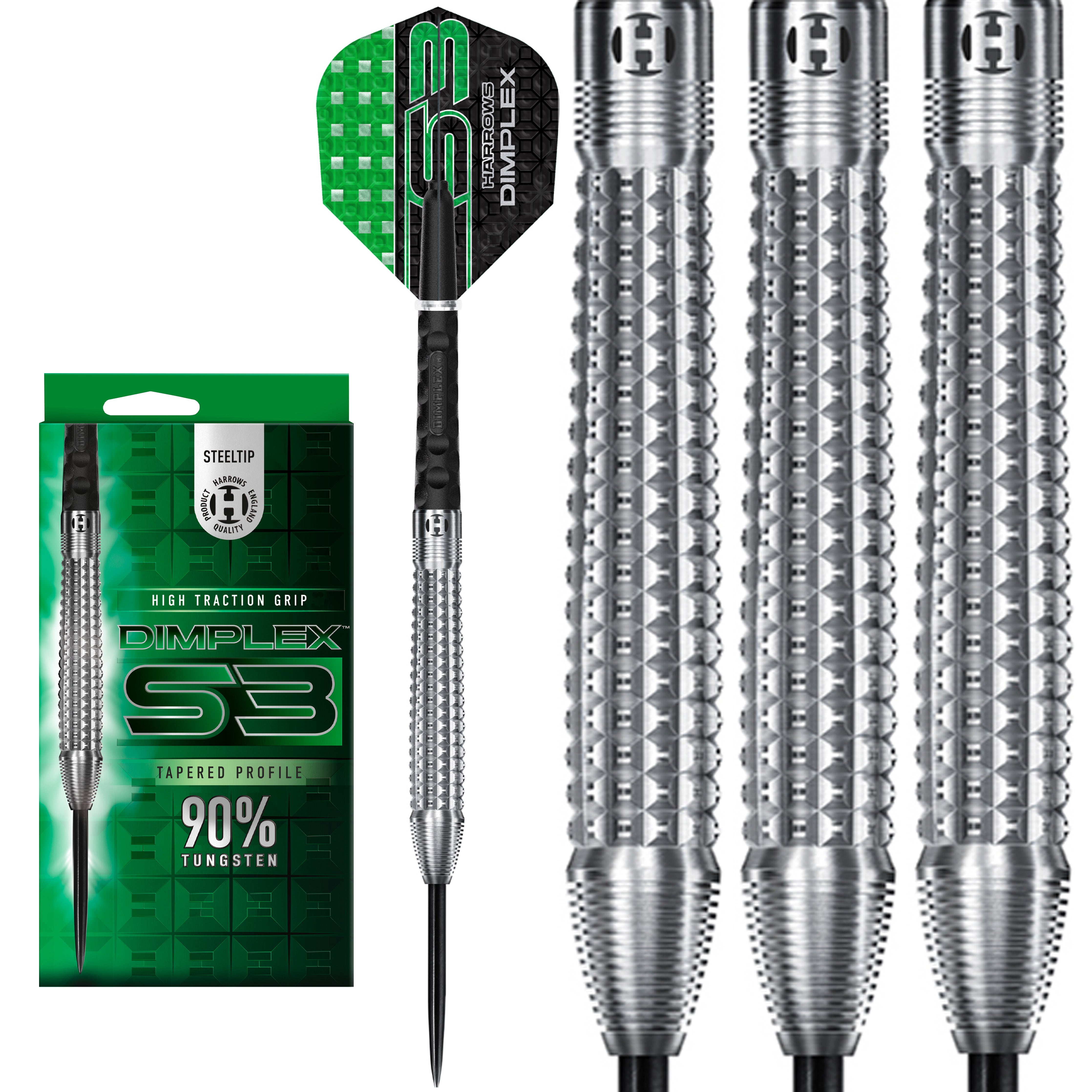 Harrows Dimplex S3 Tapered Steel Tip Darts Set - 90% Tungsten - 22g 23g 24g 26g