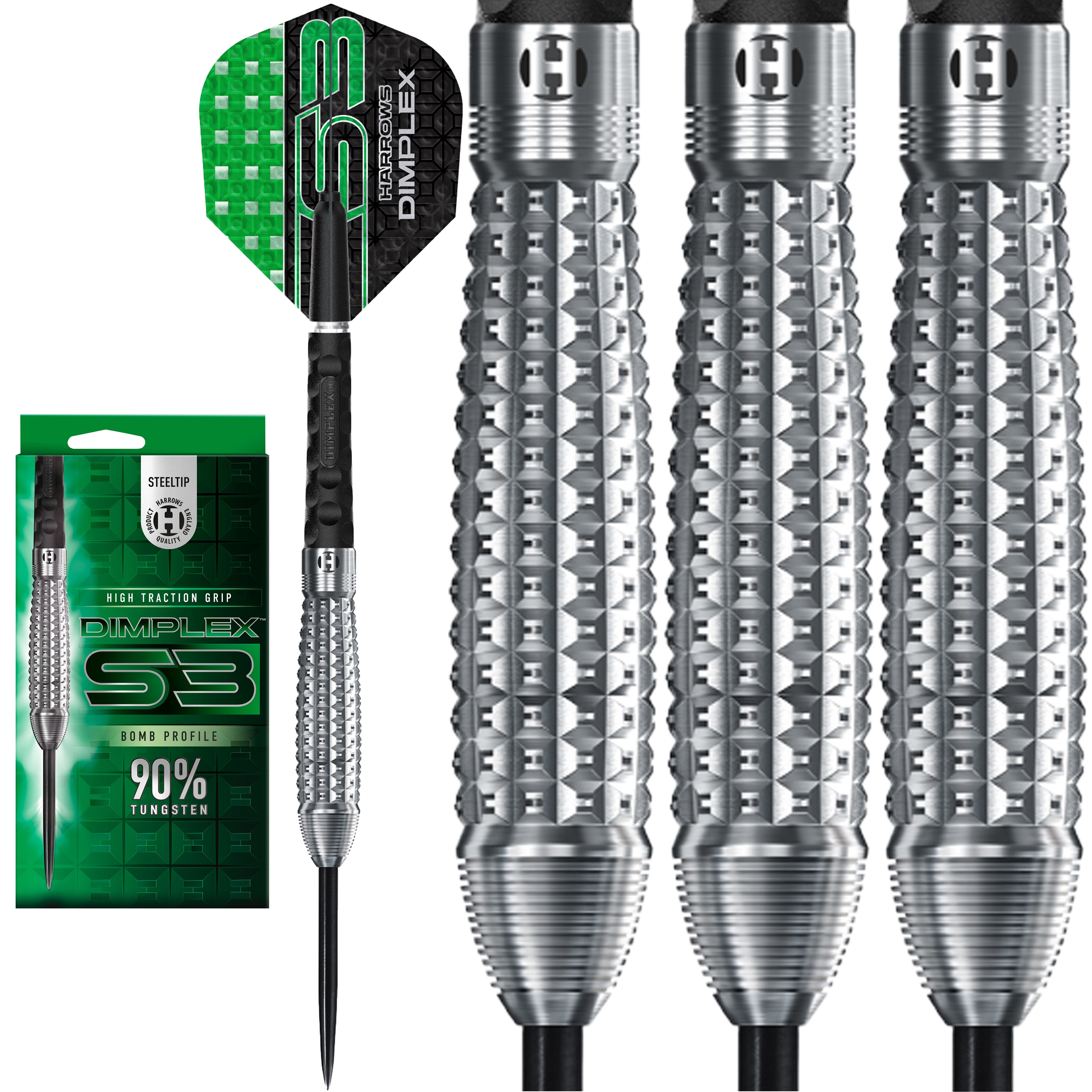Harrows Dimplex S3 Bomb Steel Tip Darts Set - 90% Tungsten - 21g 23g 2