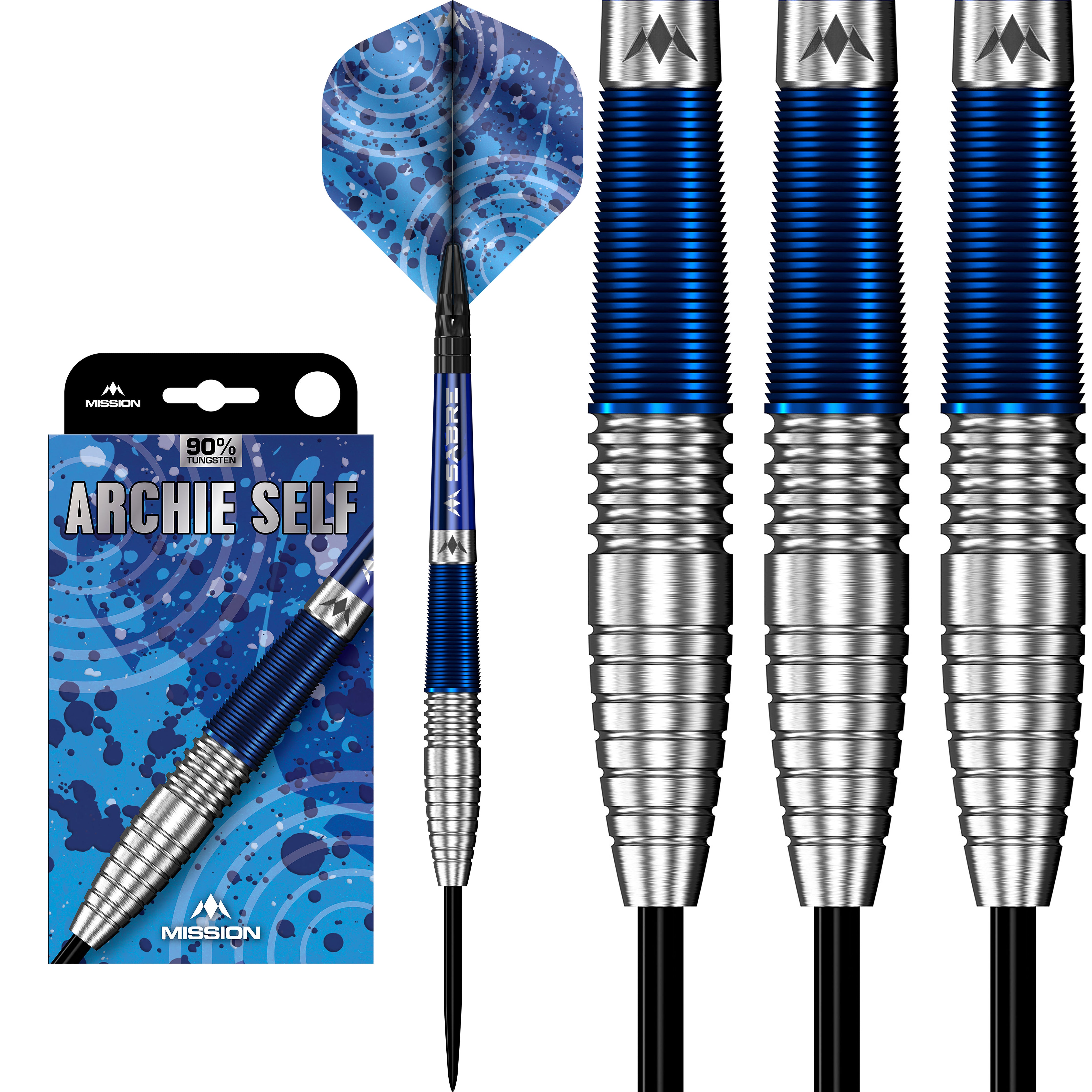 Mission Archie Self Darts - Steel Tip - 90% Tungsten - Blue & Silver - 22g 24g