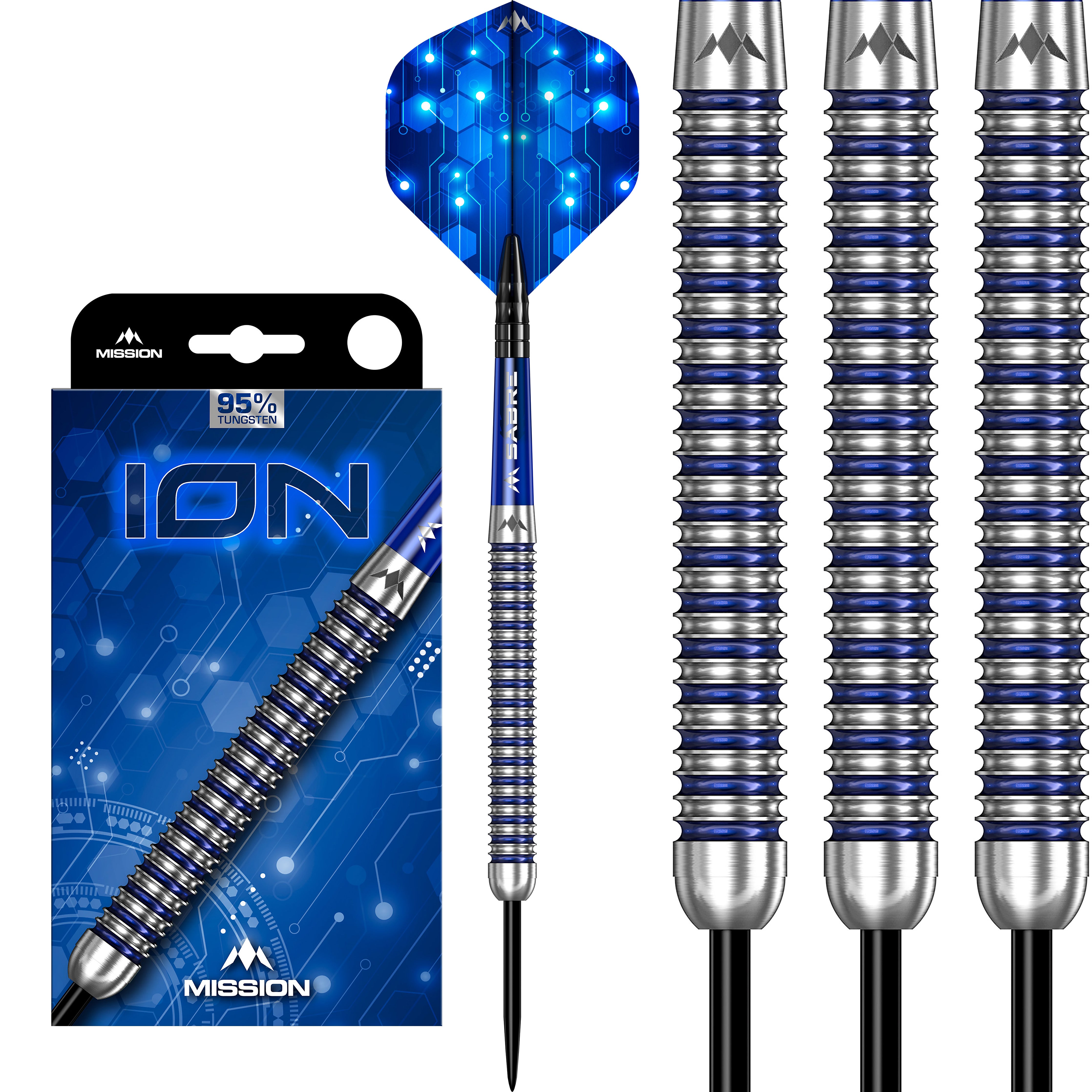Mission ION Darts - Steel Tip - 95% Tungsten - Blue & Silver - 22g - 30g